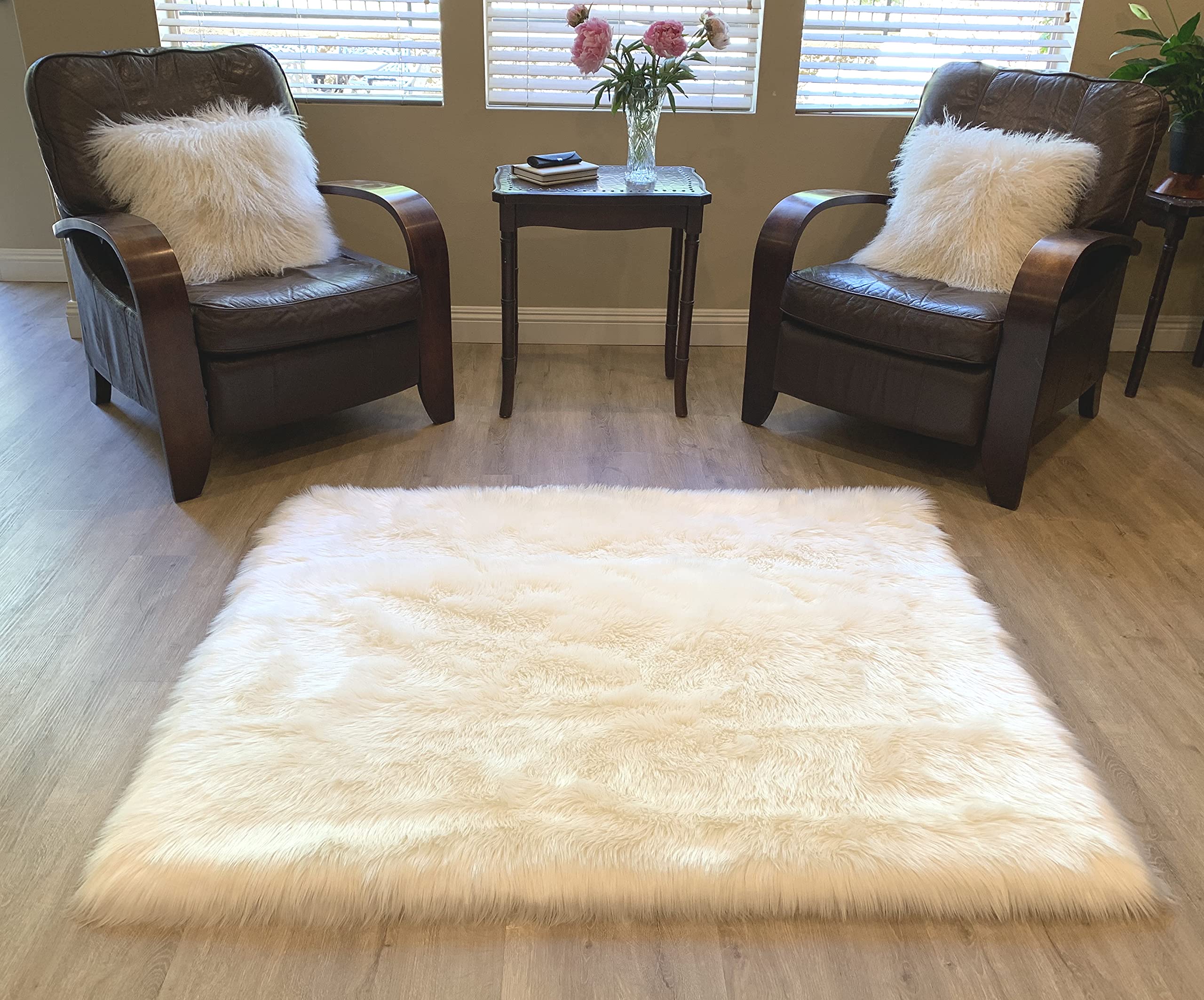 LAMBZY Faux Sheepskin Super Soft Hypoallergenic Silky Square Shag Rug - 4' White Fluffy Area Rug for Living Room, Bedroom, Nursery & Sofa - Cozy Home Decor & Kids Play Mat