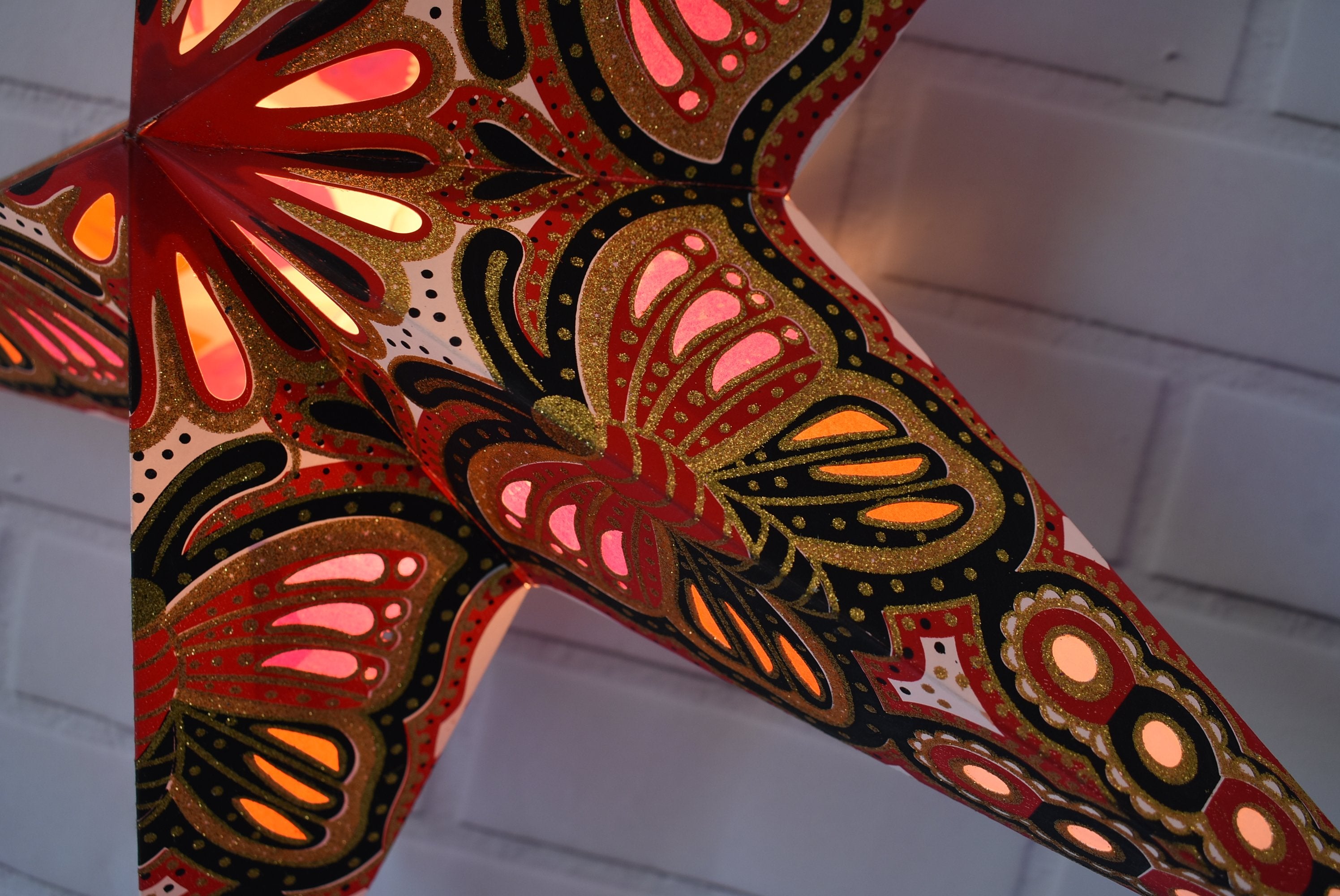 24 Inch Red and Black Butterfly Glitter Paper Star Lanterns - Elegant Hanging Wedding & Party Decorations for Indoor/Outdoor Events, Baby Showers, Birthday Parties, and Home Decor