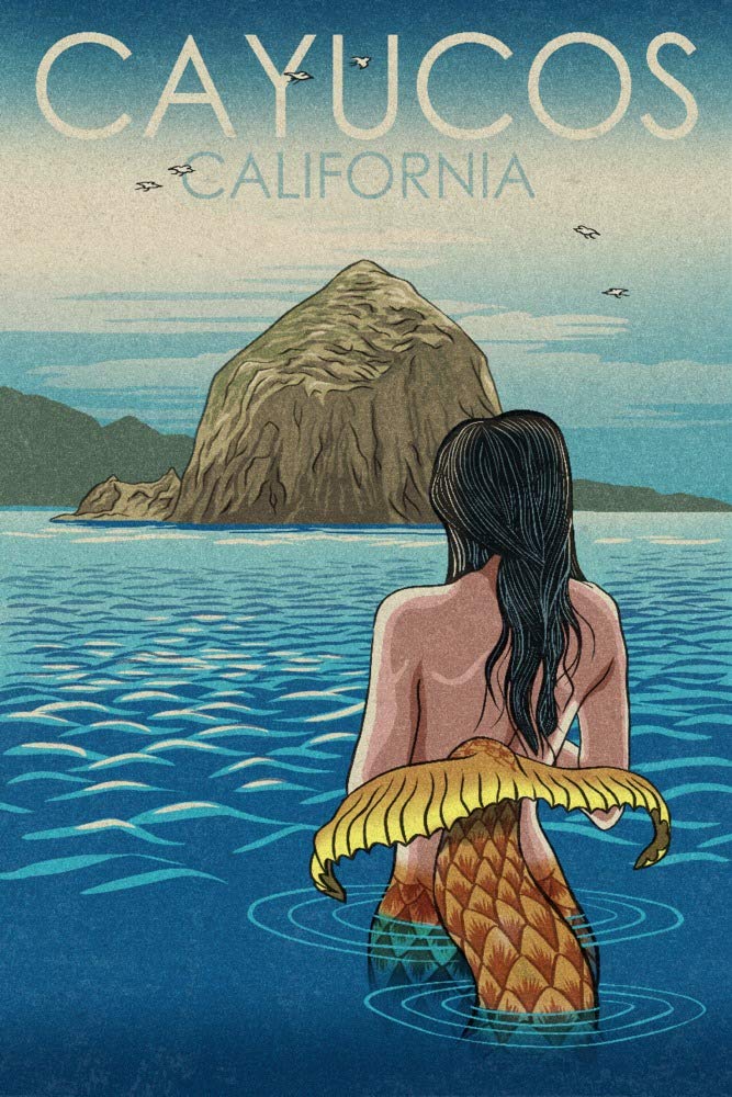 Cayucos California Mermaid Woodblock Print - 24x36 Gallery Quality Metal Wall Art, Aluminum Home Decor for Beach House, Coastal Living Room & Nautical Bedroom