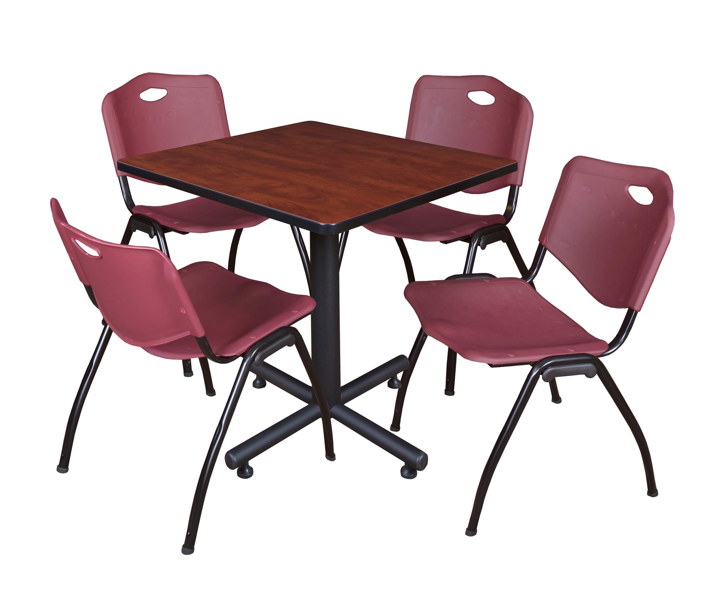 Regency Kobe 30-Inch Square Breakroom Table with 4 Stackable Chairs - Cherry Wood & Burgundy Upholstery - Office, Conference Room, Cafeteria Dining Furniture Set