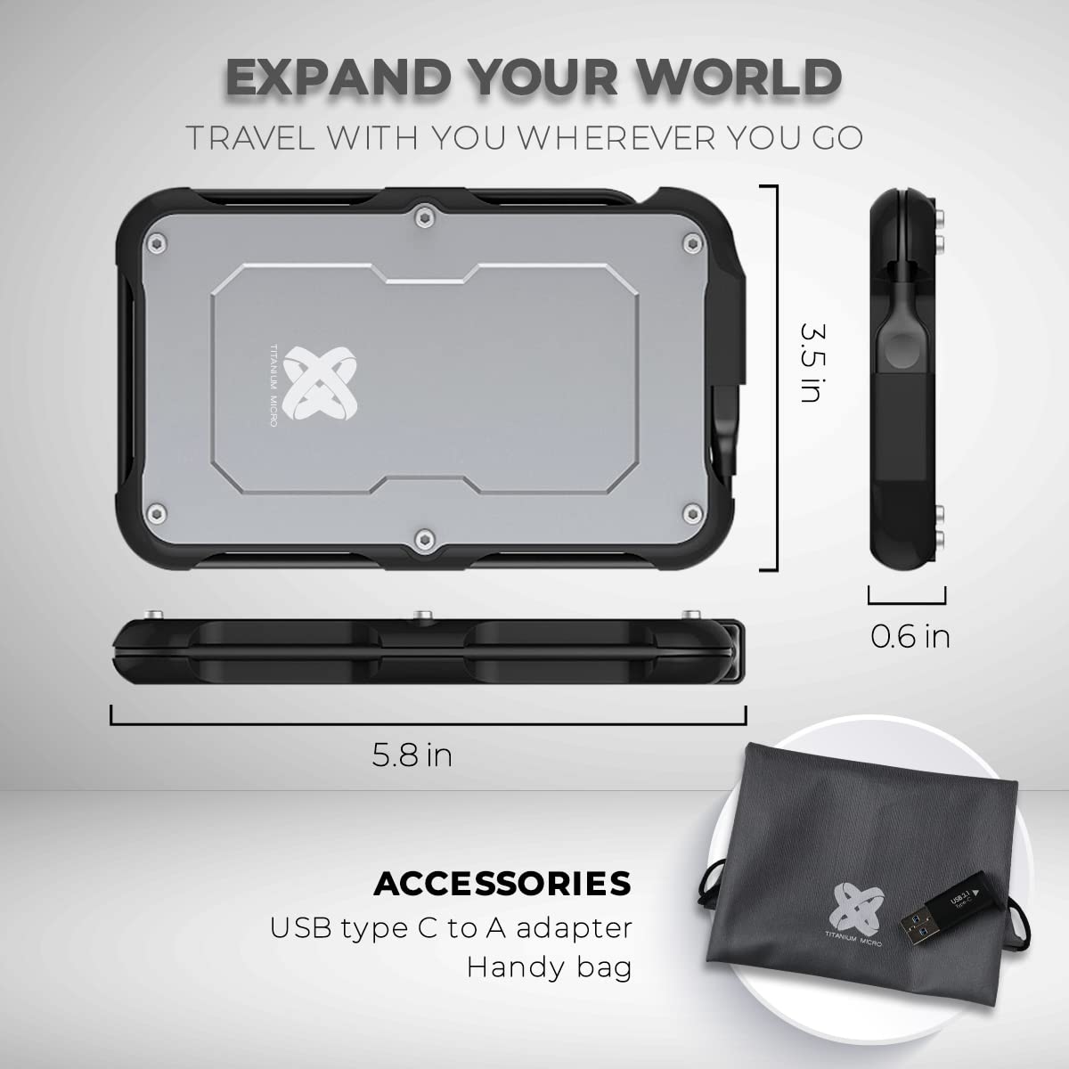 1TB Portable External SSD - Titanium One High-Speed USB 3.2 Gen 2 Drive (500MB/s) with USB-C/USB-A, IP66 Water & Dust Resistant, Shockproof for PC, Mac, Smartphone - Perfect for Travel, Photography & Gaming Storage