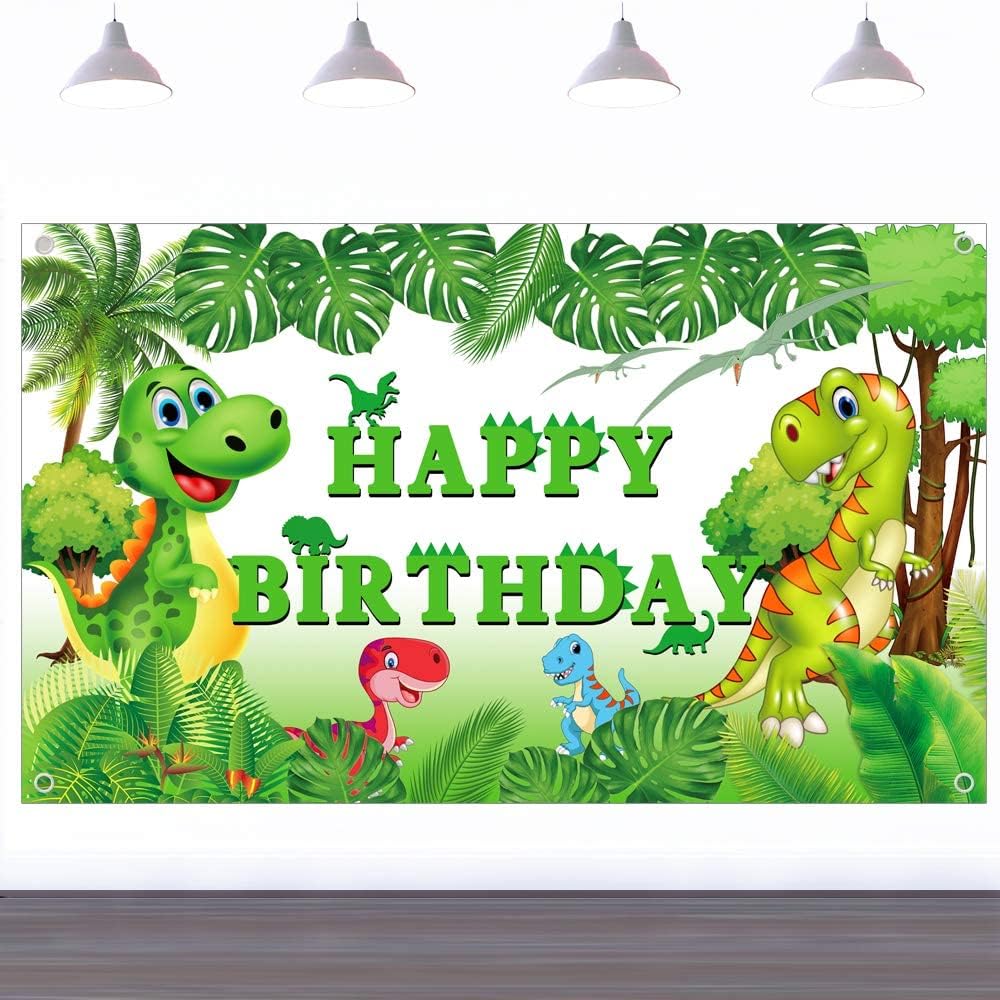 Dinosaur Birthday Backdrop for Kids - 6x3.6 Feet Green Party Decorations with Happy Birthday Banner - Perfect for Boys Birthday Parties, Dinosaur Theme Decor & Photo Booth Backgrounds