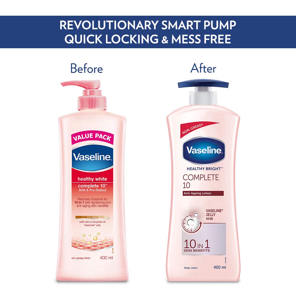 Vaseline Healthy Bright Complete 10 Body Lotion with Vitamin B3, AHA & Pro-Retinol - Anti-Aging Moisturizer for Brighter Skin - 400ml | Perfect for Daily Hydration & Nighttime Skin Repair