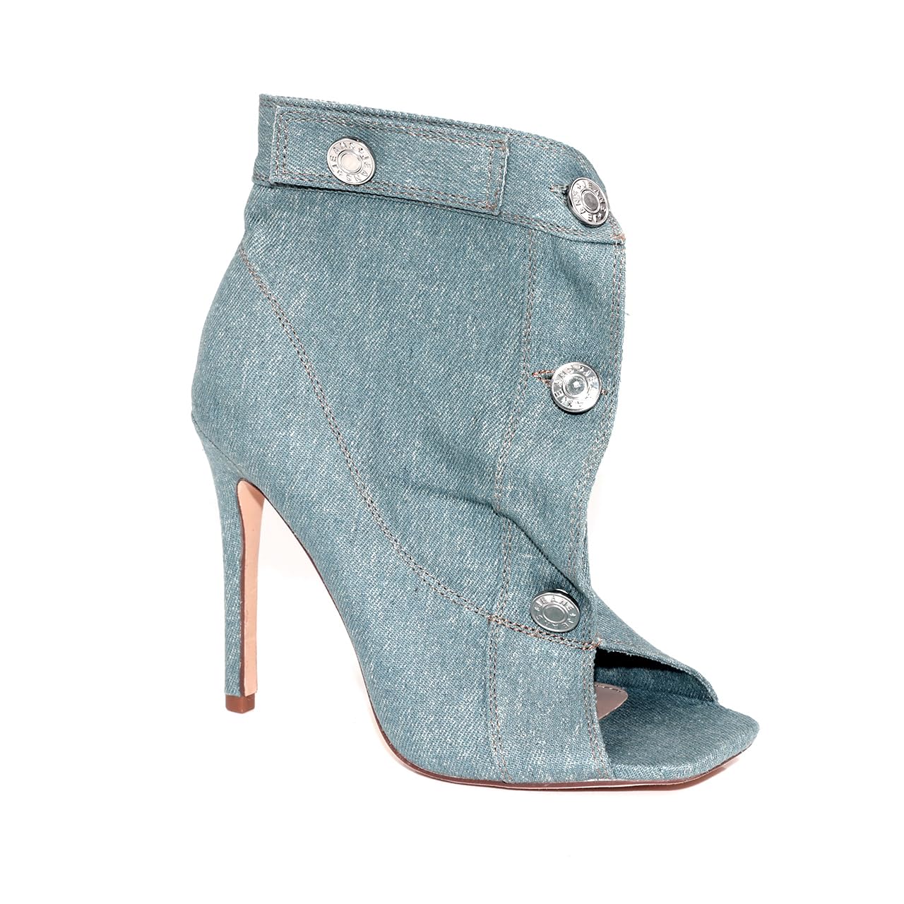 Liliana Women's Denim Button Up High Heel Open Toe Booties - Peep Toe Ankle Boots with Pocket for Casual Outfits & Night Out
