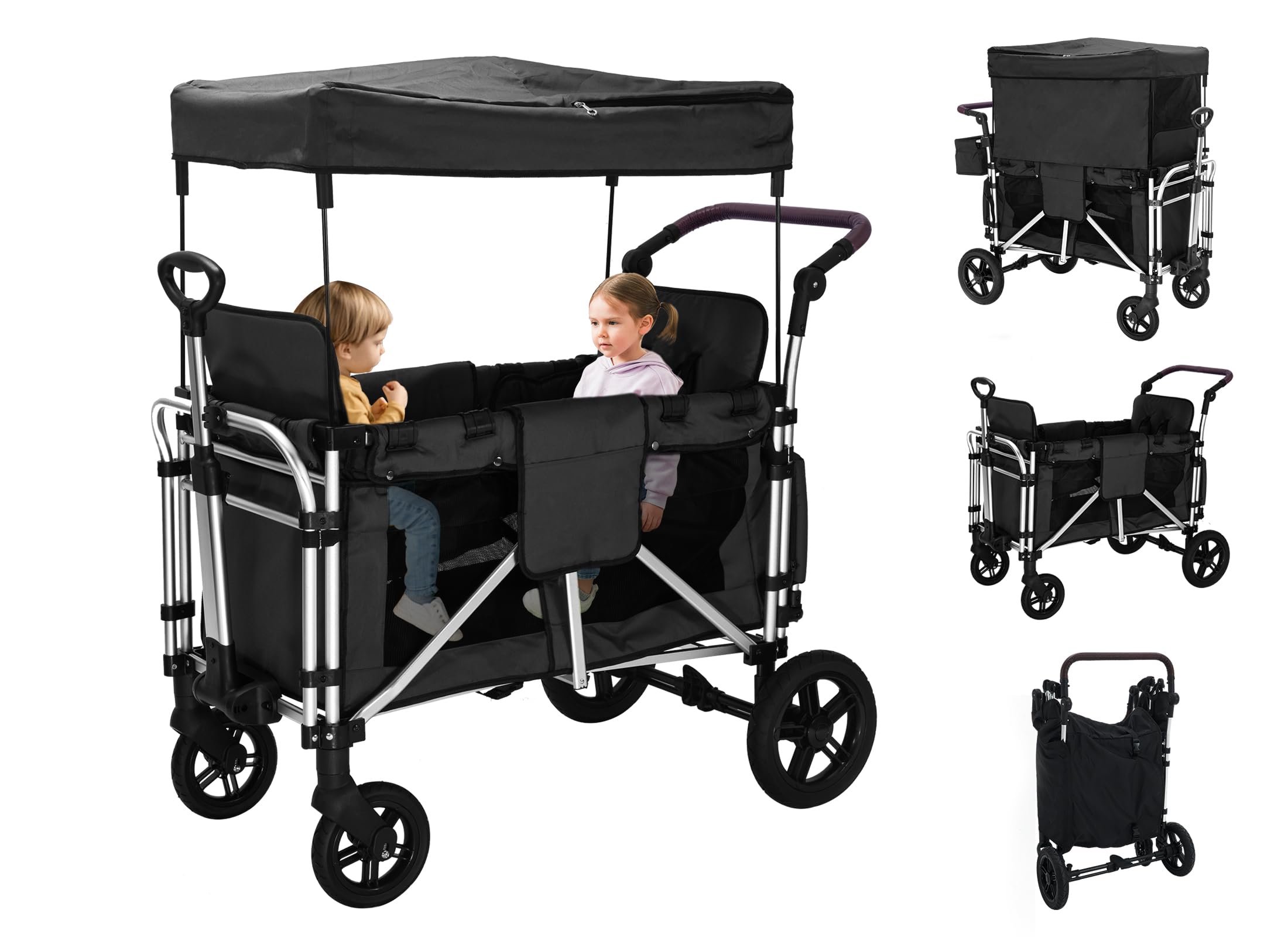 **Best Double Stroller Wagon for 2 Kids – Heavy Duty Wagon Cart with 2 High Seats, 5-Point Safety Harnesses & Adjustable Canopy – Foldable Push-Pull Design for Outdoor, Camping, Beach, Grocery Shopping & More (Black-Gray)**    *(Ideal for family outings, picnics, beach trips, camping adventures, and grocery shopping – versatile and convenient for parents on the go!)*
