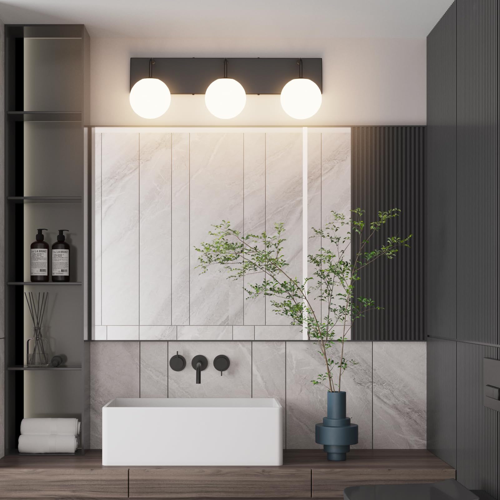 Tipace 3-Light Modern Black Bathroom Vanity Light Fixtures - Mid Century Industrial Vanity Lighting with Milk White Glass Globes for Mirror Illumination (Bulbs Not Included) | Perfect for Bathroom Makeover, Spa Lighting, and Modern Home Decor