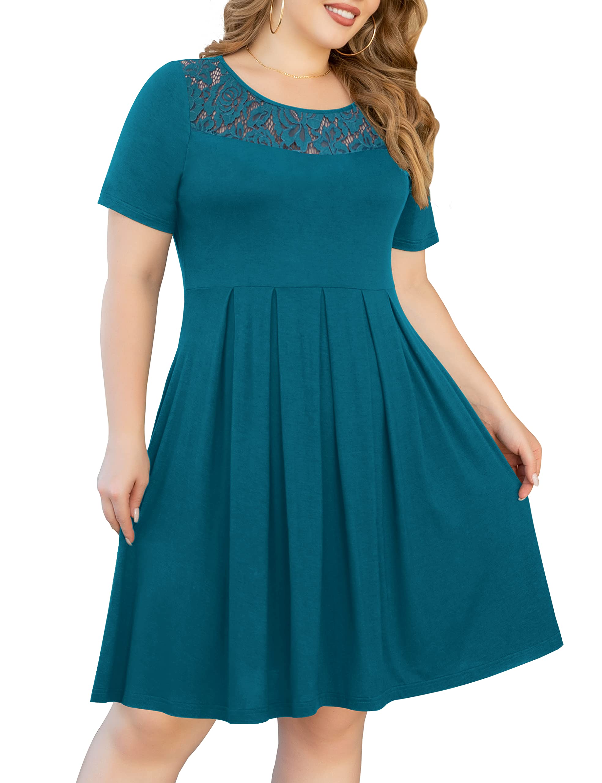 Tralilbee Women's Plus Size Short Sleeve Pleated Swing Dress with Pockets - Casual Flowy Midi Dress for Summer, Work, Church & Special Occasions