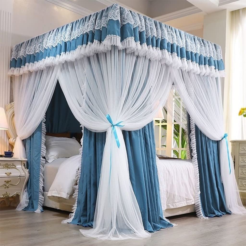 SCMTY Elegant Solid Color 4 Corner Post Blackout Bed Canopy & Mosquito Net - Queen Size Blue-Cyan for Girls, Women, Men & Adults | Perfect for Wedding Bedroom Decor, Princess Style Bedroom Curtain, Twin/Full/Queen/King Size Beds | Ideal for Sleeping, Privacy Protection & Mosquito Prevention