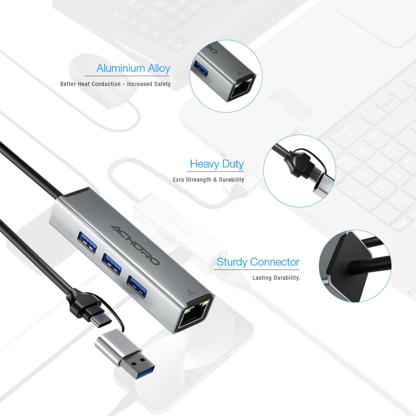 ACHORO USB Hub with Ethernet Port - 4-in-1 USB C & USB A Port Expander with RJ45 LAN Adapter for Laptop, PC, Mac - Aluminum Alloy Multi-Port Hub for Charging, Data Transfer & Wired Internet Connection - Perfect for Home Office, Gaming & Travel Use