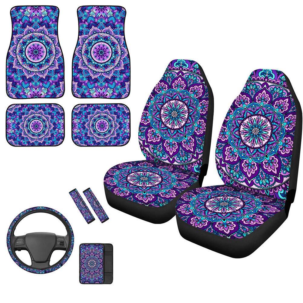 UNICEU 10-Piece Bohemian Car Accessories Set - Purple Mandala Floral Tribal Design Seat Covers, Steering Wheel Cover, Seat Belt Pads, Armrest Cover & Floor Mats | Universal Fit for Most Cars | Perfect for Road Trips, Daily Commute & Car Interior Decoration