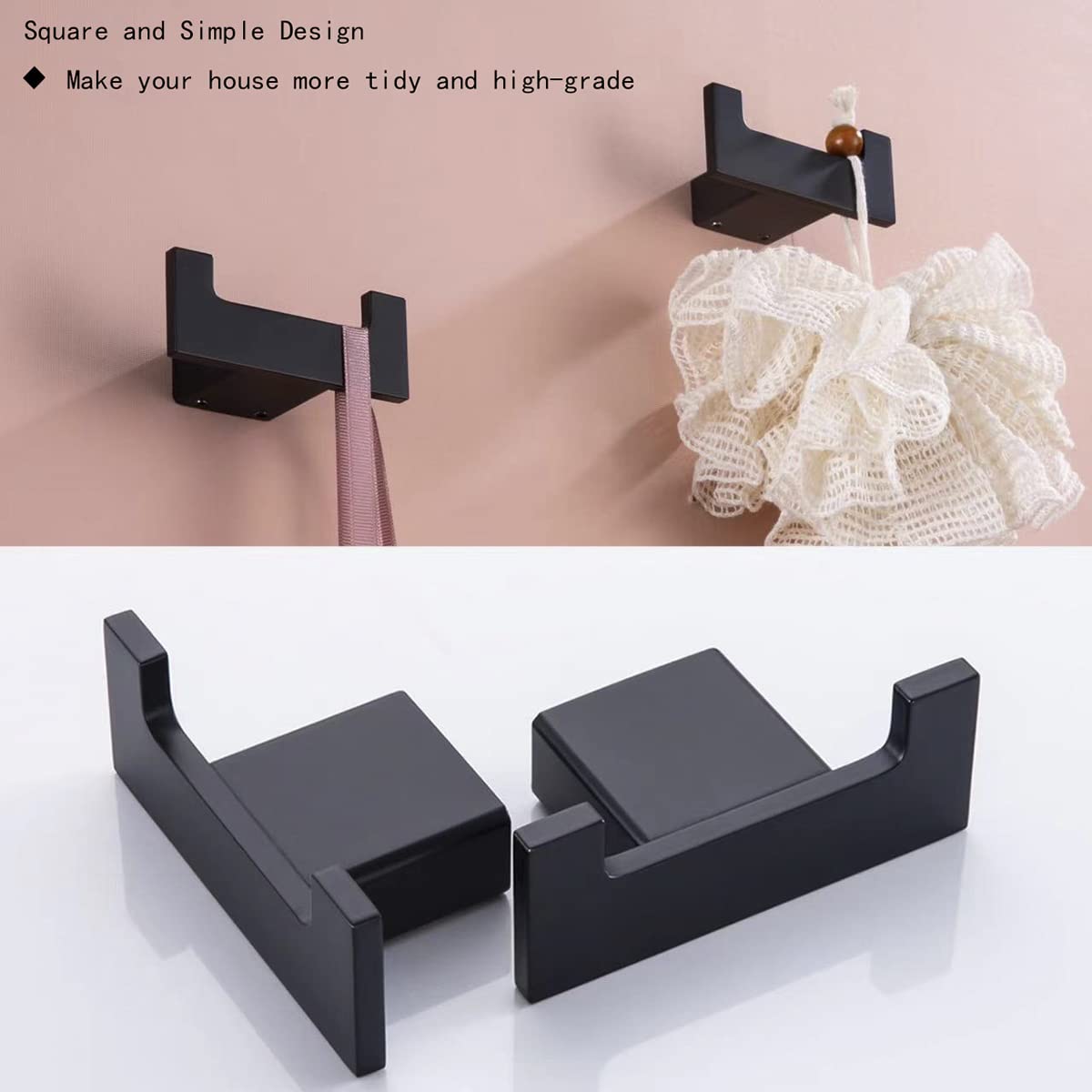 Premium Black Double Towel Hook - Heavy Duty SUS304 Stainless Steel Bathroom Wall Mounted Hooks for Towels, Robes & Coats - Matte Black Square Hand Towel Holder (96009-8MB-2) - Perfect for Bathrooms, Spas, Gyms & Laundry Rooms