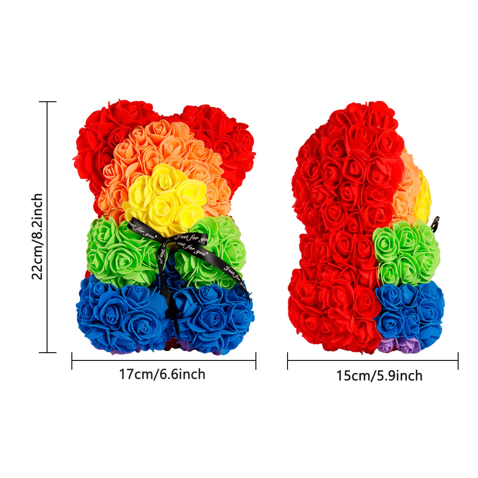 10 Inch Artificial Rose Flower Bear - Romantic Rainbow Gift for Christmas, Graduation, Valentine's Day, Mother's Day, Anniversary, Birthday & Wedding - Perfect for Home Decor, Party Centerpieces & Surprise Gifts