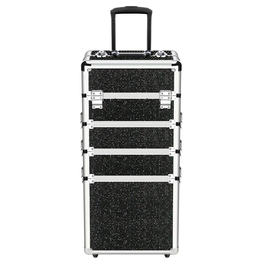 OUDMAY 4-in-1 Professional Makeup Train Case with Aluminum Frame & Folding Trays - Black Diamond Cosmetic Organizer for Travel, Salon, and Mobile Makeup Artists | Rolling Beauty Storage Case for Makeup Brushes, Palettes & Cosmetics