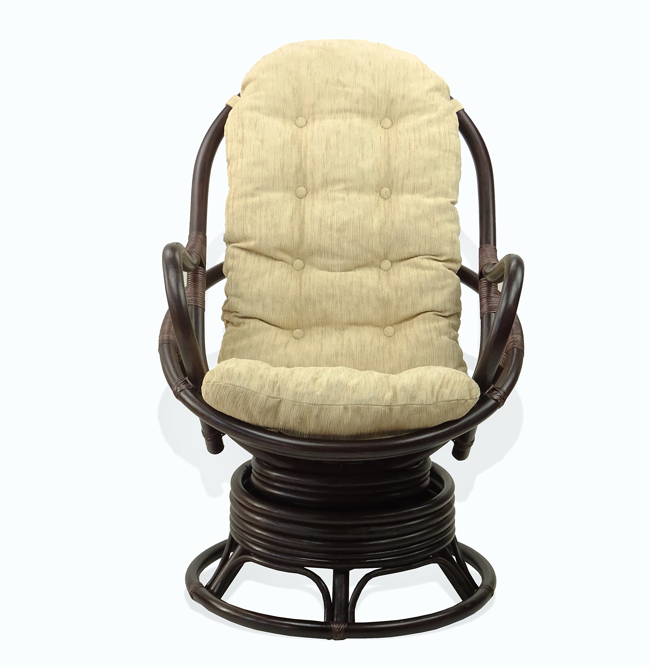 Natural Rattan Wicker Swivel Rocking Chair with Cream Cushion - Dark Brown Lounge Java Chair for Living Room, Patio, or Sunroom Relaxation