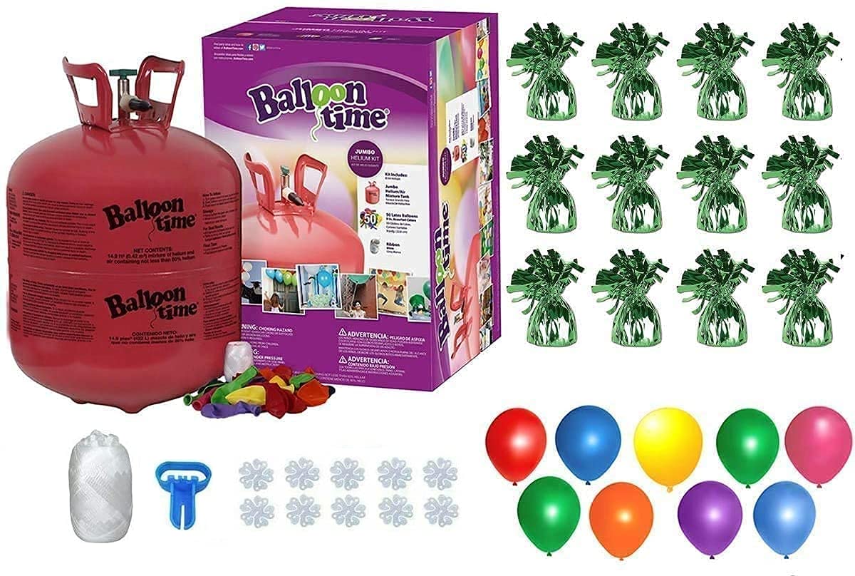Premium Helium Tank Kit - 50 Latex Balloons, White Ribbon, 12 Green Weights, Tying Tool & Flower Clips for Parties, Weddings, Baby Showers & Events