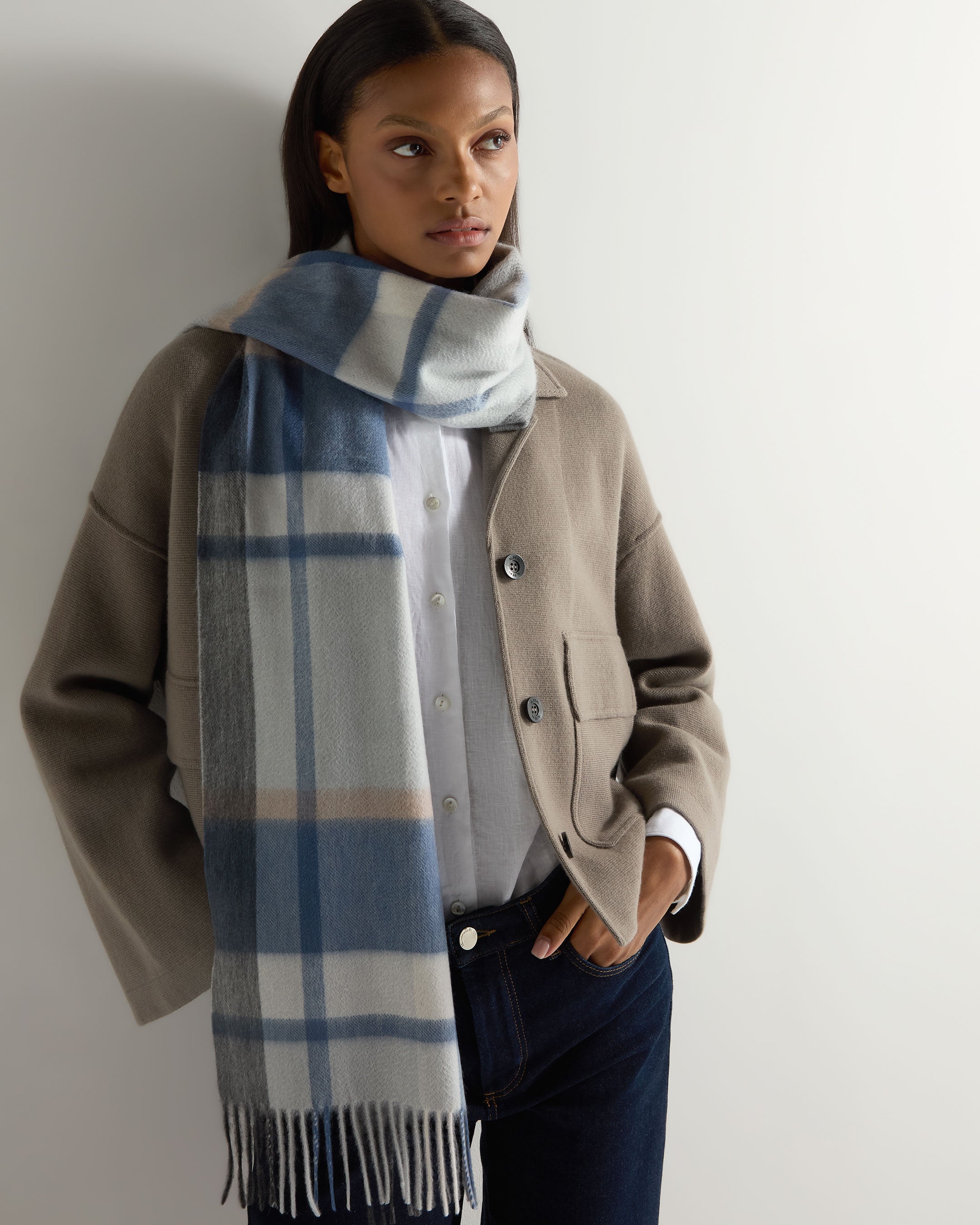 Premium Unisex Cashmere Check Scarf - Soft Blue Grey Plaid Winter Wrap for Men & Women - Perfect for Cold Weather, Office & Outdoor Activities