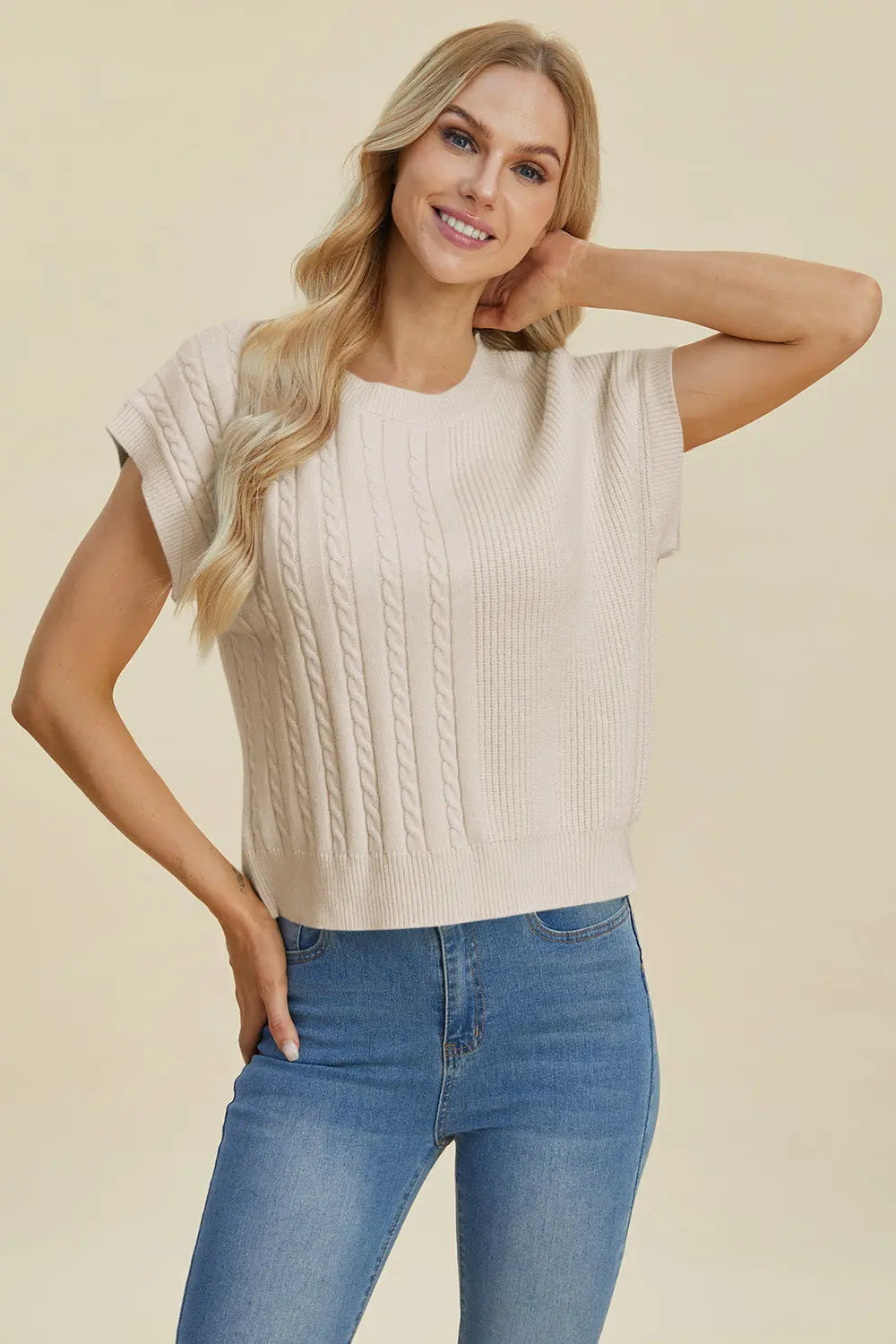 Double Take Full Size Cable Knit Round Neck Short Sleeve Sweater for Women - Cozy Casual Pullover Top for Fall & Winter - Perfect for Office, Date Night and Weekend Outings
