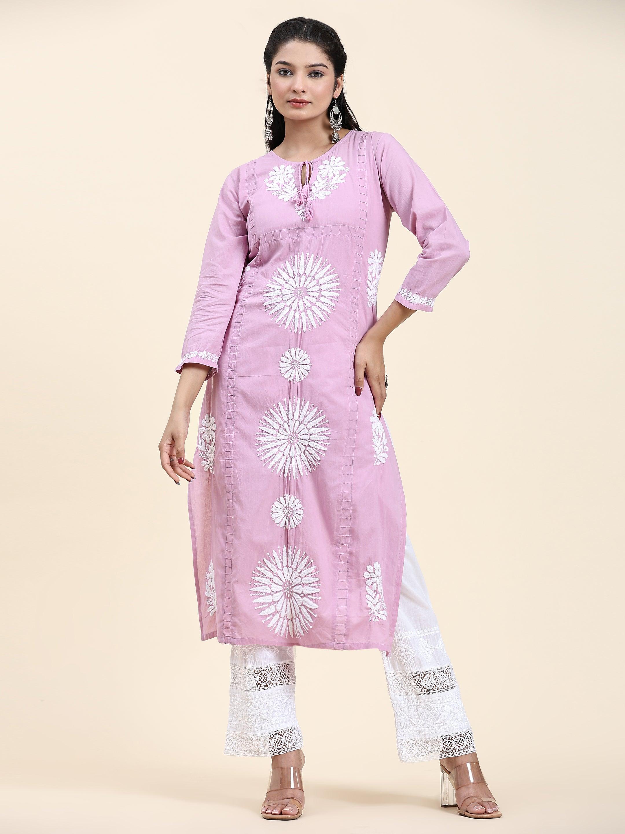 Fizaa Chikankari Long Kurti for Women - 100% Cotton Traditional Indian Tunic Top in Lavender - Perfect for Festivals, Weddings & Casual Wear