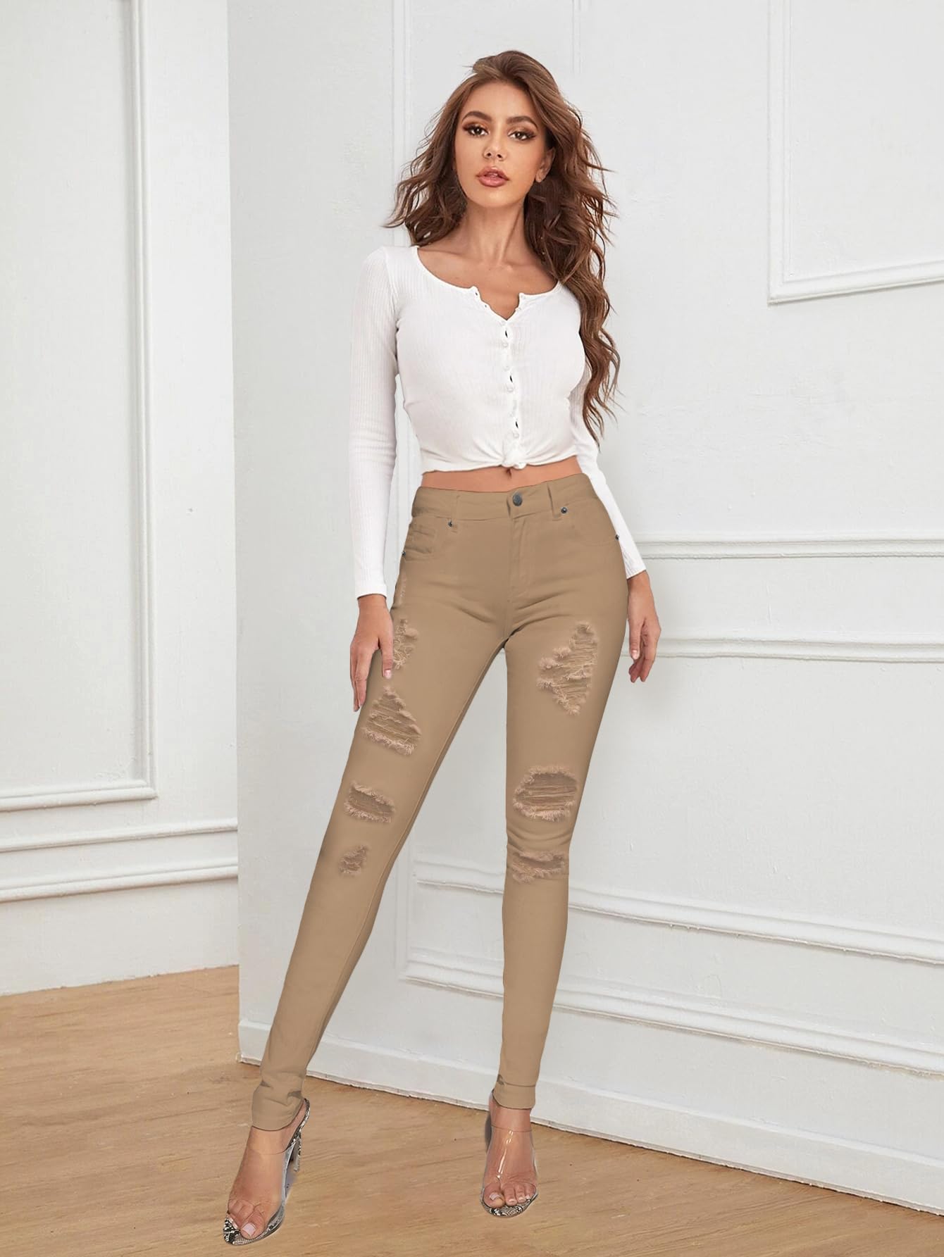 Hybrid & Company Women's Butt Lift Super Comfy Stretch Ripped Skinny Jeans - High Waisted Slim Fit Denim Pants for Casual Wear & Night Out