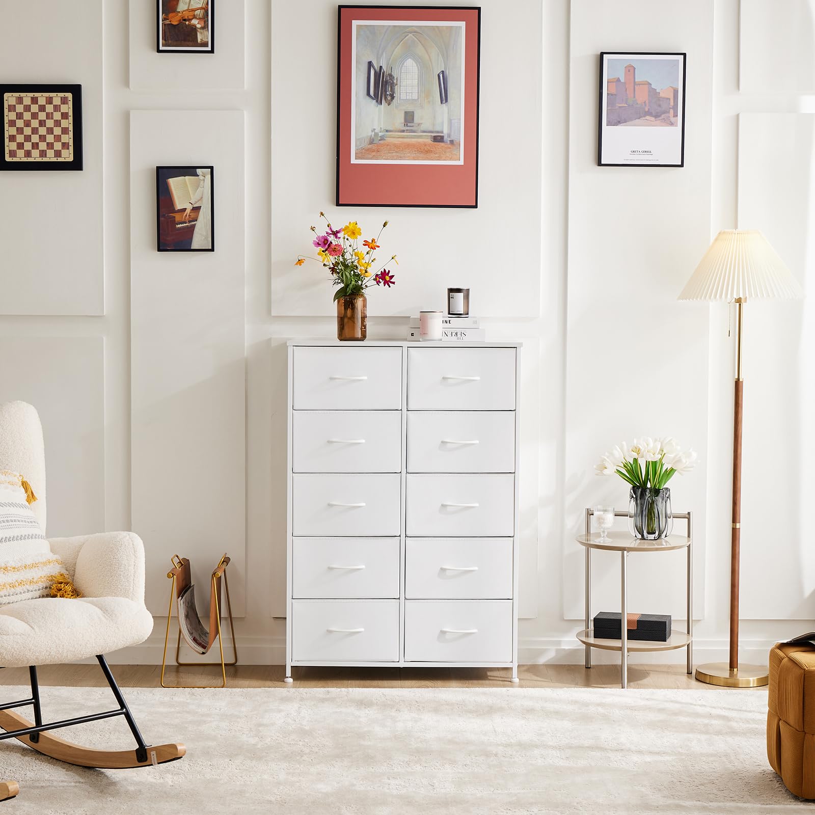 DUMOS 10-Drawer Dresser with Fabric Bins & Sturdy Metal Frame - Wood Tabletop Storage Tower for Bedroom, Kids Room, Closet, Nursery, Entryway - Grey & White | Perfect for Organizing Clothes, Toys, and Home Essentials