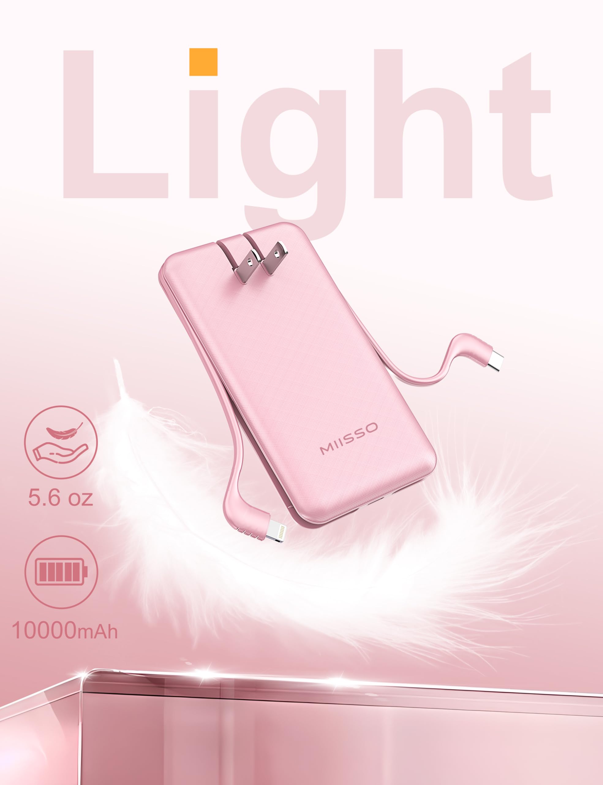 Ultra Slim 10000mAh Power Bank with Built-in Cables & AC Wall Plug - Compact USB C Portable Charger for iPhone & Samsung - Includes Purple Travel Case (Pink) - Perfect for Travel, Camping & Emergency Charging