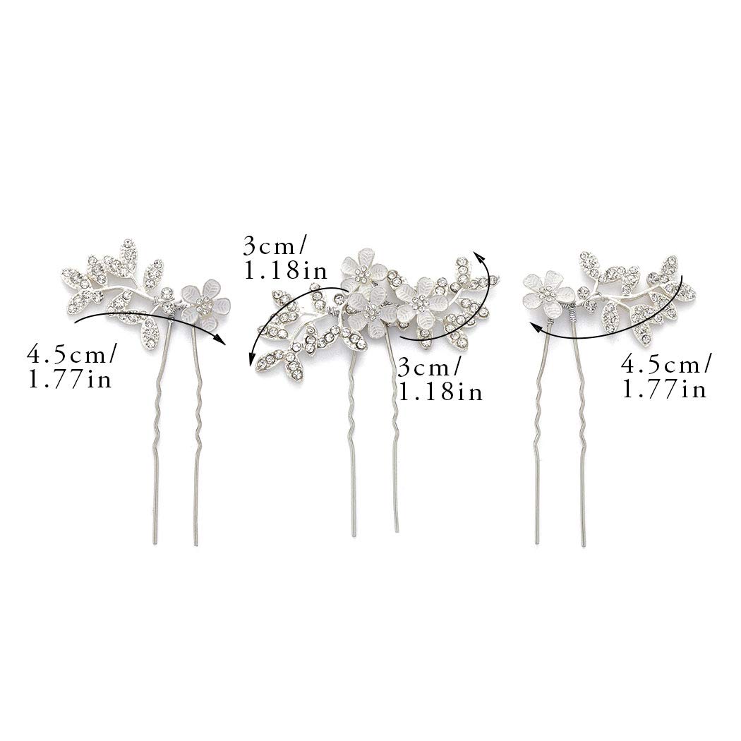 Elegant Silver Flower Bridal Hair Pins with Leaf Design - Pack of 3 | Wedding Hair Accessories for Women & Girls | Perfect for Brides, Bridesmaids & Special Occasions