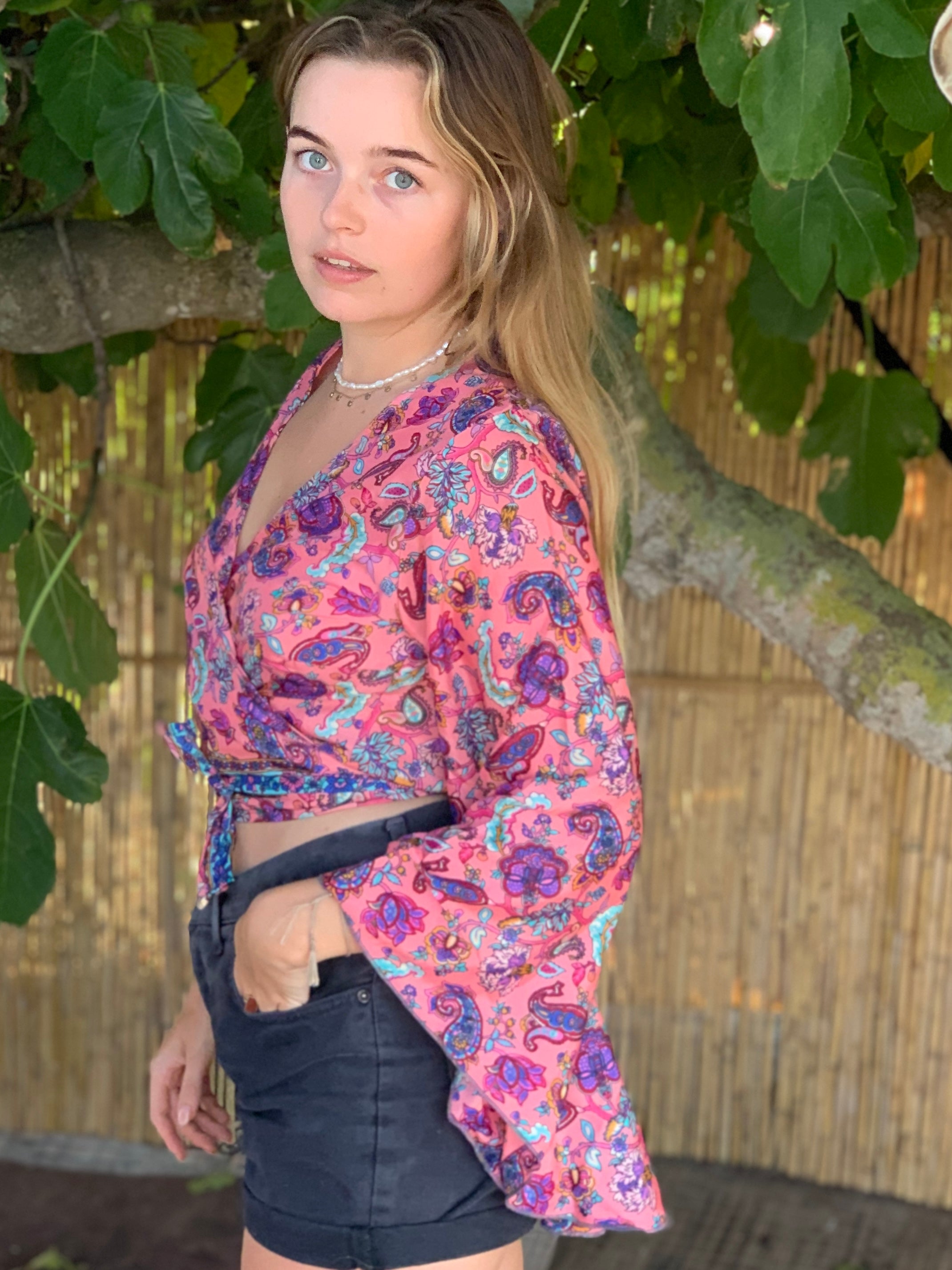 Silk Wrap Blouse with Happy Floral Print - Elegant & Comfortable Women's Top for Work, Date Night & Casual Outings