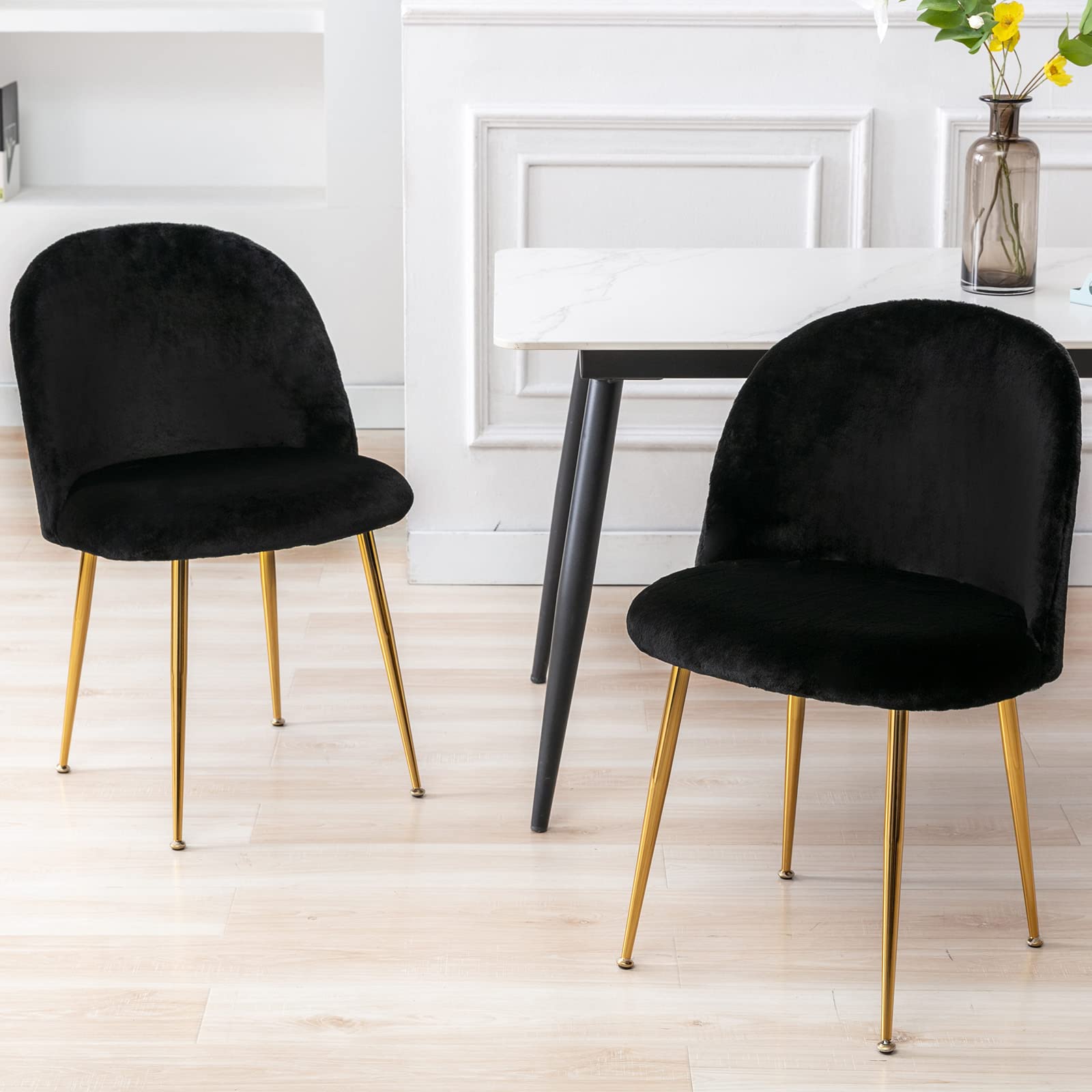 ZHENGHAO Modern Mid Century Upholstered Kitchen Chairs Set of 2 - Faux Fur Accent Wingback Dining Chairs with Gold Metal Legs for Living Room, Bedroom & Vanity (Black) - Perfect for Small Spaces, Breakfast Nooks & Cozy Dining Areas