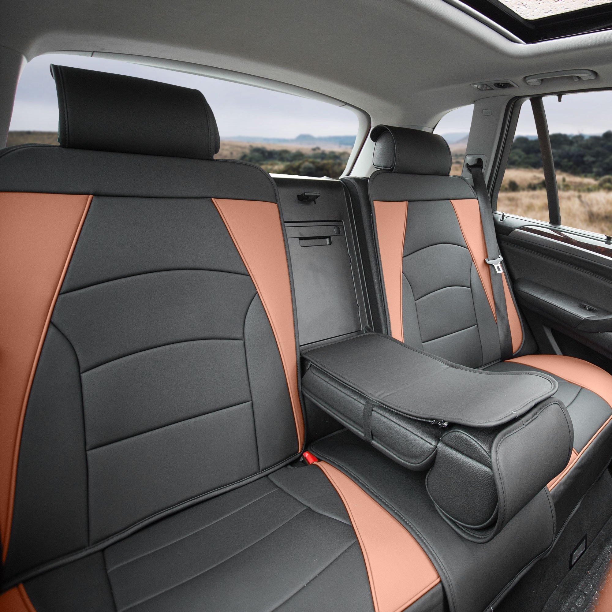 Premium Faux Leather Car Seat Cover for Back Seat - Universal Fit, Split Bench Design, SUV/Sedan/Van Compatible - Brown & Black - Protect & Upgrade Your Car Interior for Daily Commute, Road Trips & Family Travel