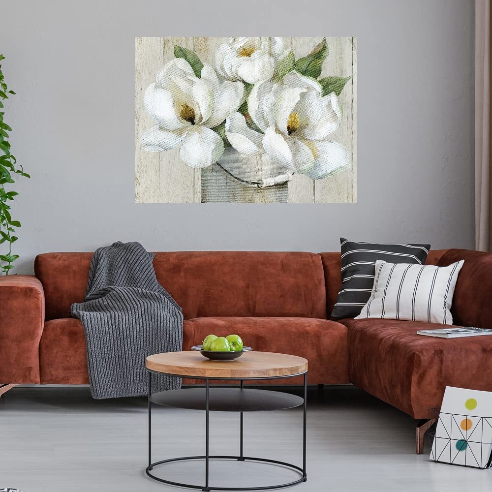 Nan's Fine Art Shiplap Magnolias Canvas Wall Art - 43x32 Inch Ready to Hang Floral Painting for Living Room, Bedroom, Office Decor - Perfect for Farmhouse, Coastal & Modern Home Interiors