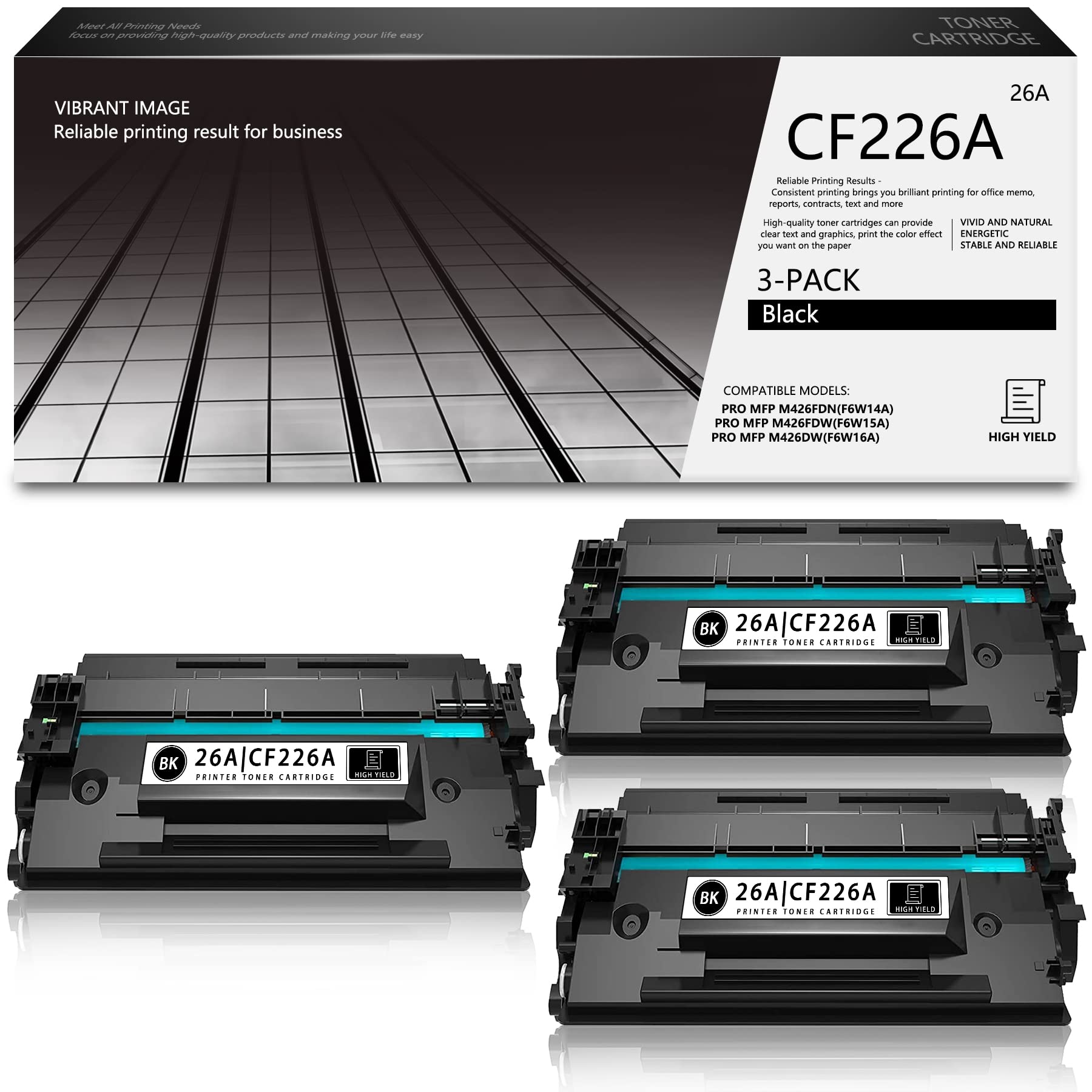 3-Pack HP CF226A Compatible Toner Cartridge (Black) - Replacement for Pro M402dn, M402dw, MFP M426 Series Printers - High Yield Printing for Office & Home Use