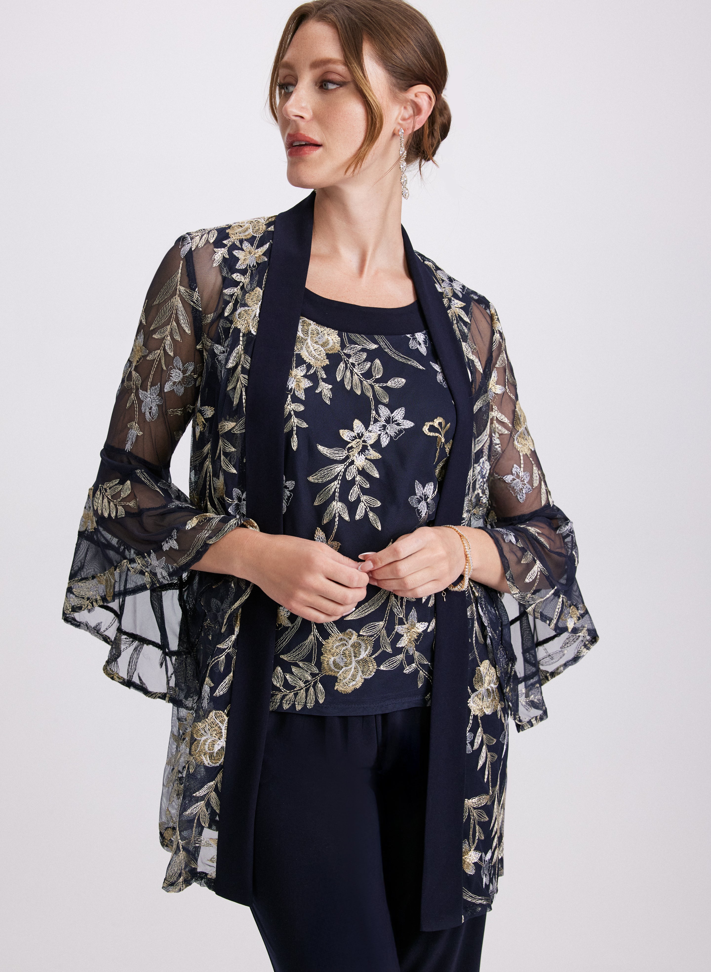 Floral Embroidered Jacket, Top & Pants Set for Women - Elegant 3-Piece Outfit for Spring & Summer - Perfect for Weddings, Parties & Special Occasions