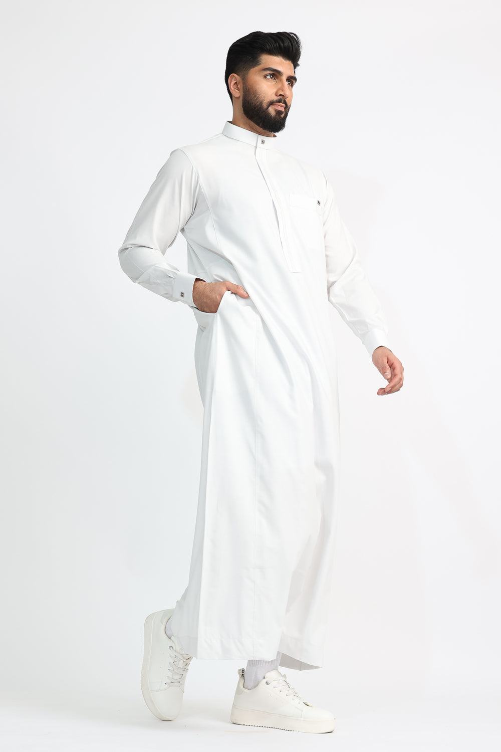 J119 White Smoke Collar Thobe for Men - Premium Embroidered Arabic Robe - Perfect for Eid, Ramadan & Special Occasions