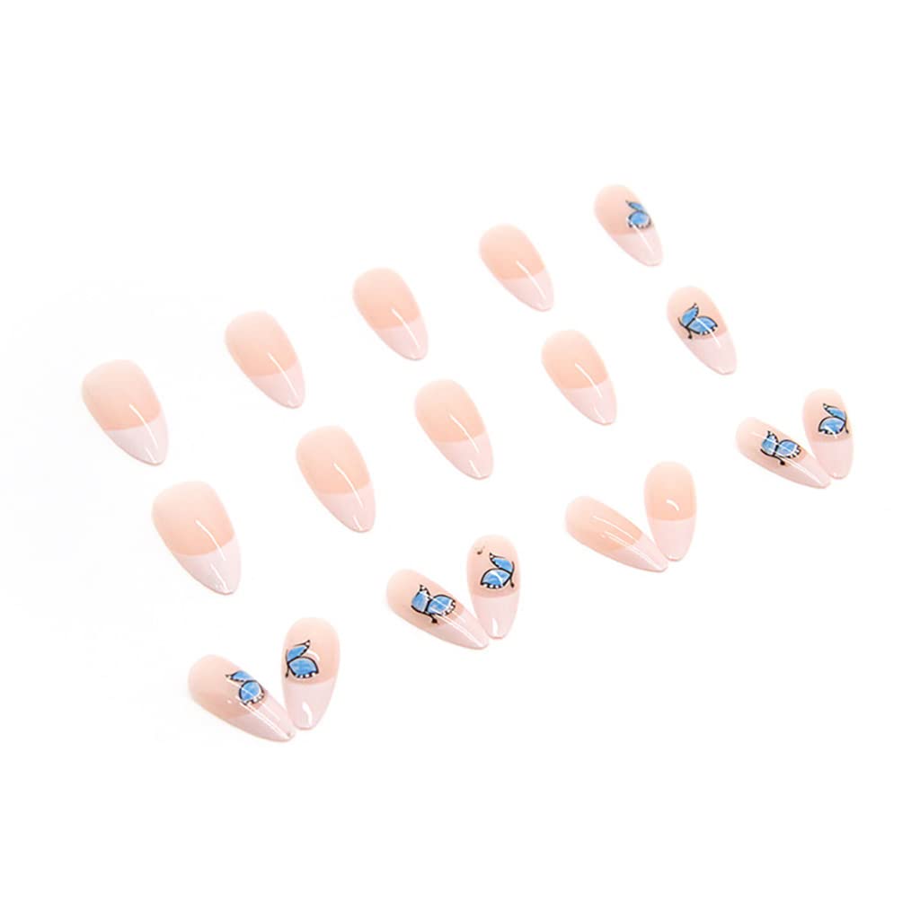 RikView French Tip Press on Nails Medium Fake Nails Almond White Stick on Nails with Butterfly Design - Perfect for Parties, Weddings, and Everyday Glam