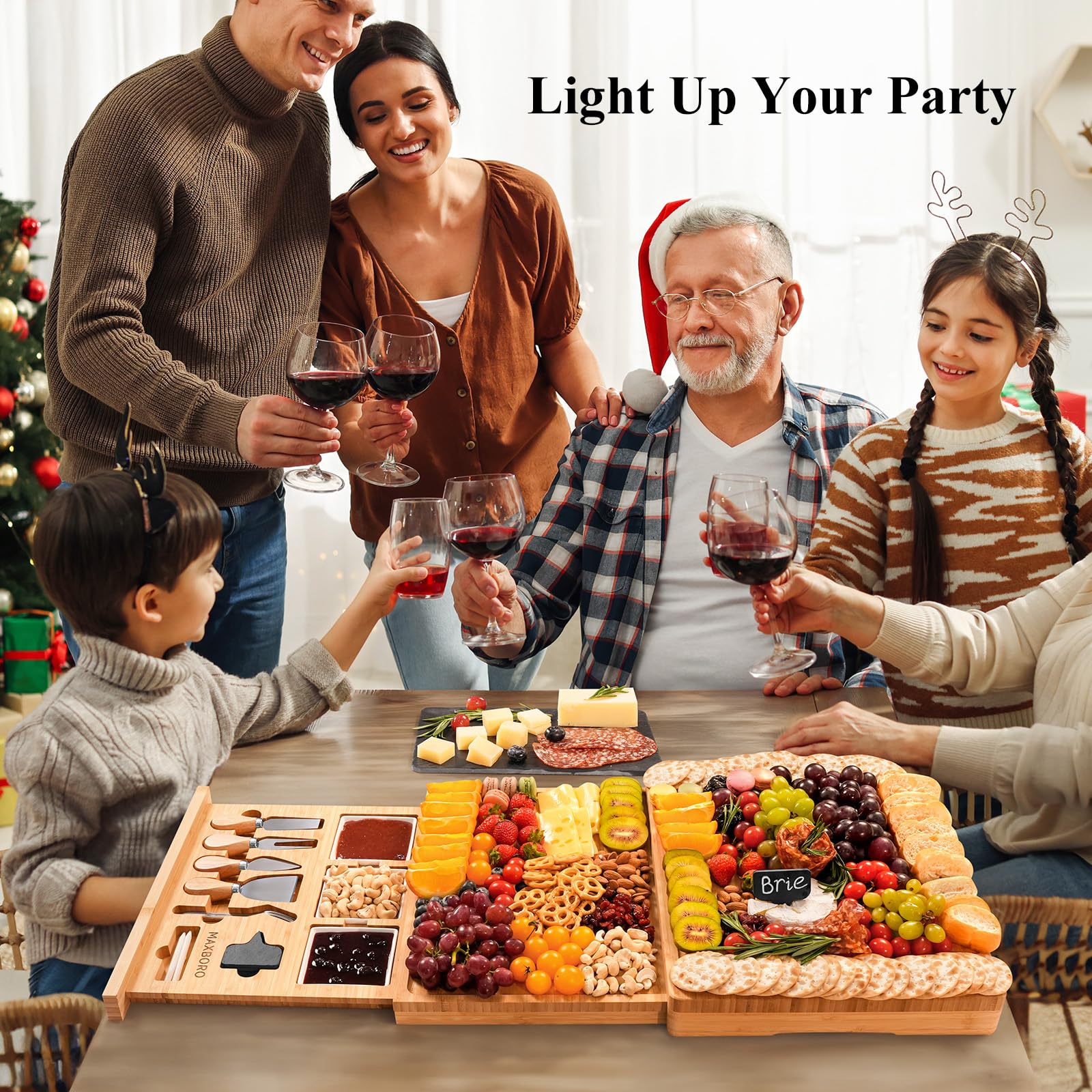 Extra Large 33.7x15.7 Inch Bamboo Charcuterie Board Set with Knives - 100% Natural Cheese Platter Tray for Entertaining - Perfect Housewarming Gift for Women & Mom - Ideal for Parties, Wine Nights & Charcuterie Displays
