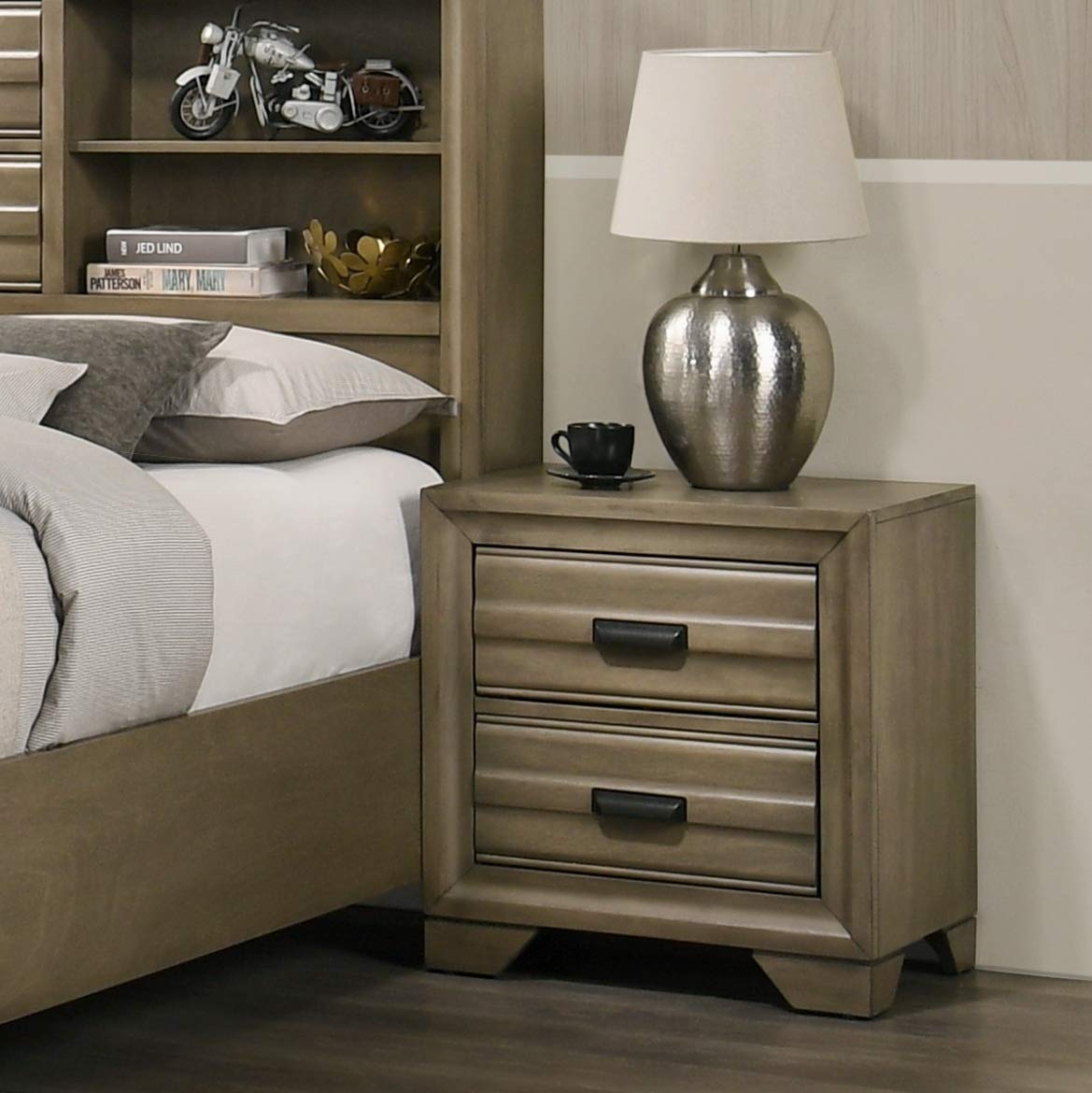 Roundhill Furniture Loiret Wood 2-Drawer Nightstand, Light Gray - Modern Bedside Table for Bedroom, Living Room & Guest Room Storage