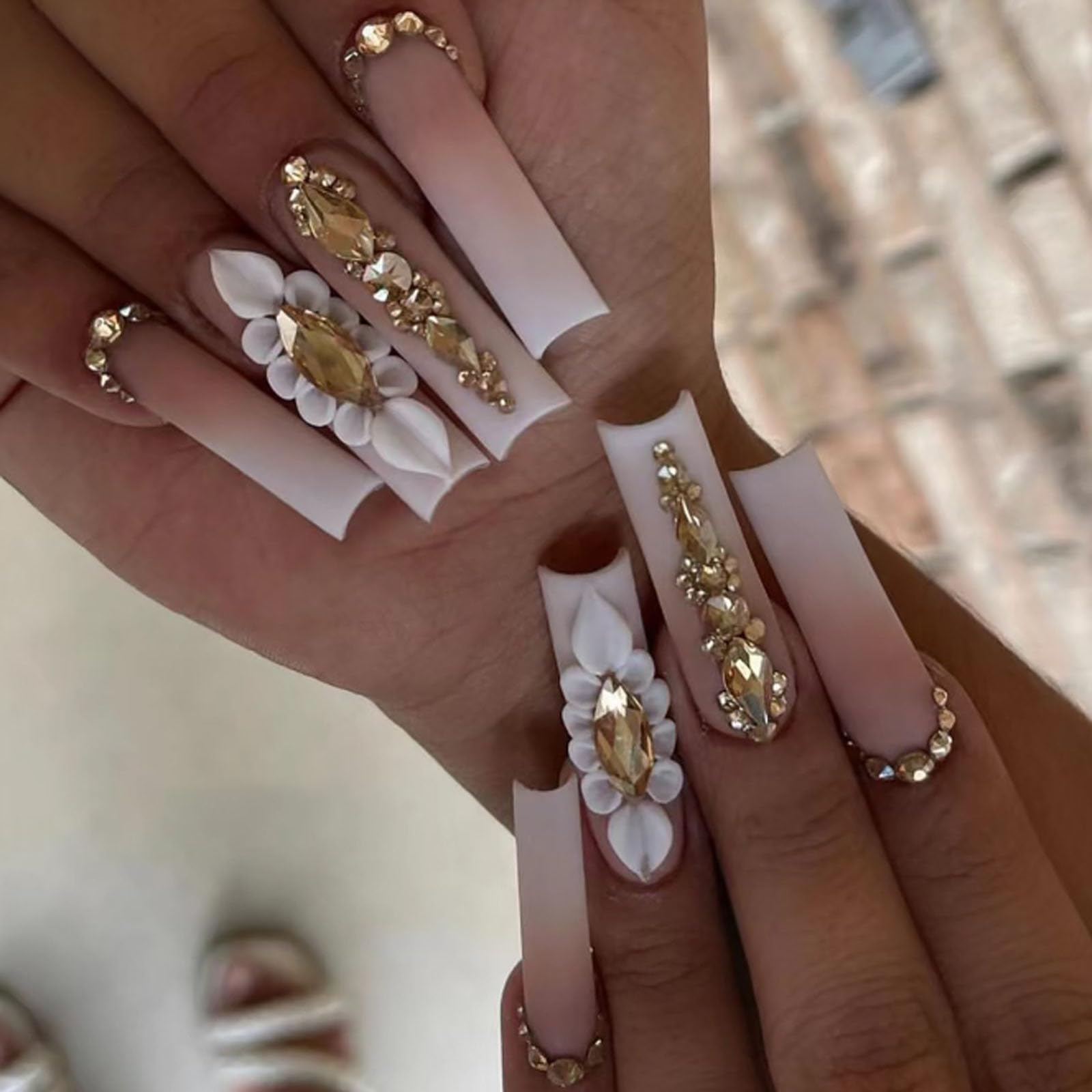 24PCS Gradient Press on Nails - Matte Fake Acrylic Long Nude Nails with Square Flower Design, Full Cover Artificial Nails for Women & Girls | Perfect for Parties, Weddings & Daily Wear