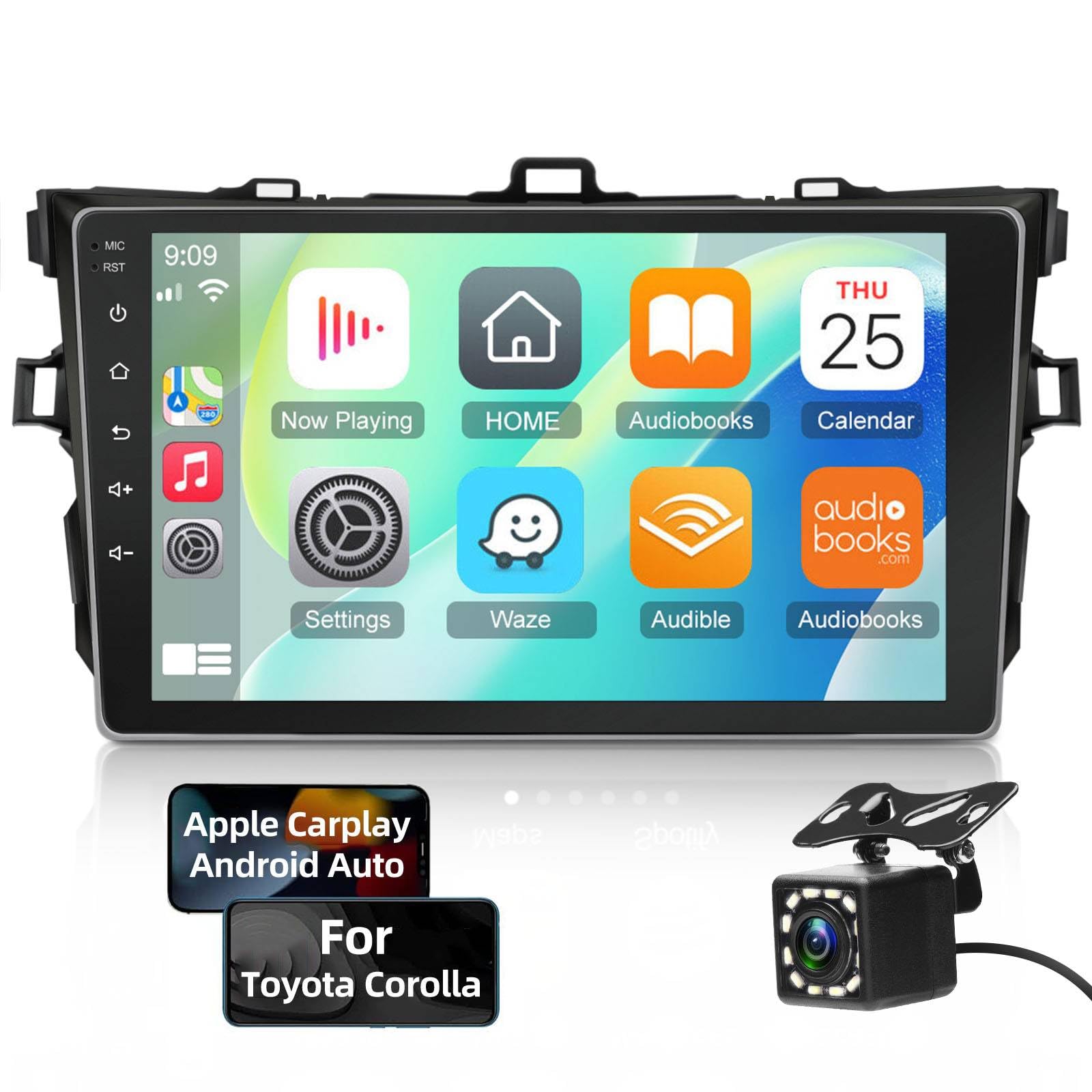 NHOPEEW 9-inch Android Car Stereo for Toyota Corolla 2006-2012 - Apple CarPlay & Android Auto with 2.5D Touchscreen, Bluetooth, Backup Camera, WiFi, GPS, Mirror Link & Steering Wheel Control [1+16GB] - Perfect for Hands-Free Calling, Navigation & Entertainment While Driving