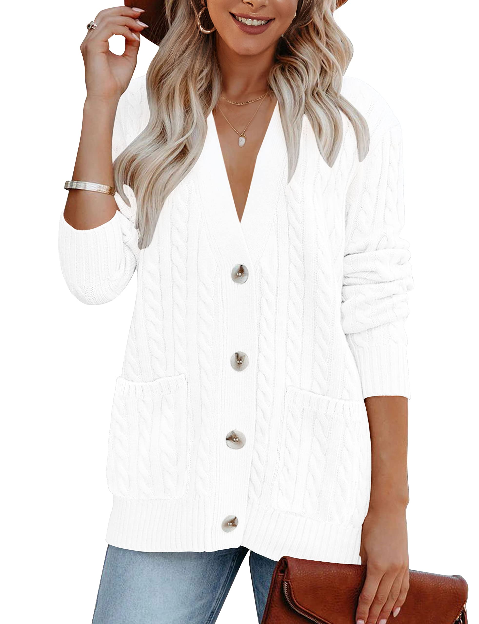 MEROKEETY Women's 2025 Long Sleeve Cable Knit Button Cardigan Sweater - Open Front Coat with Pockets | Fall Winter Fashion, Office Wear, Casual Outfit, Layering Piece
