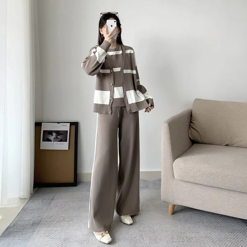 Women's Autumn Winter Streetwear 3-Piece Set - Korean Style O-Neck Sleeveless Vest + Cardigan Coat + Wide Leg Pants Striped Knit Outfit | Casual Office Wear & Daily Fashion