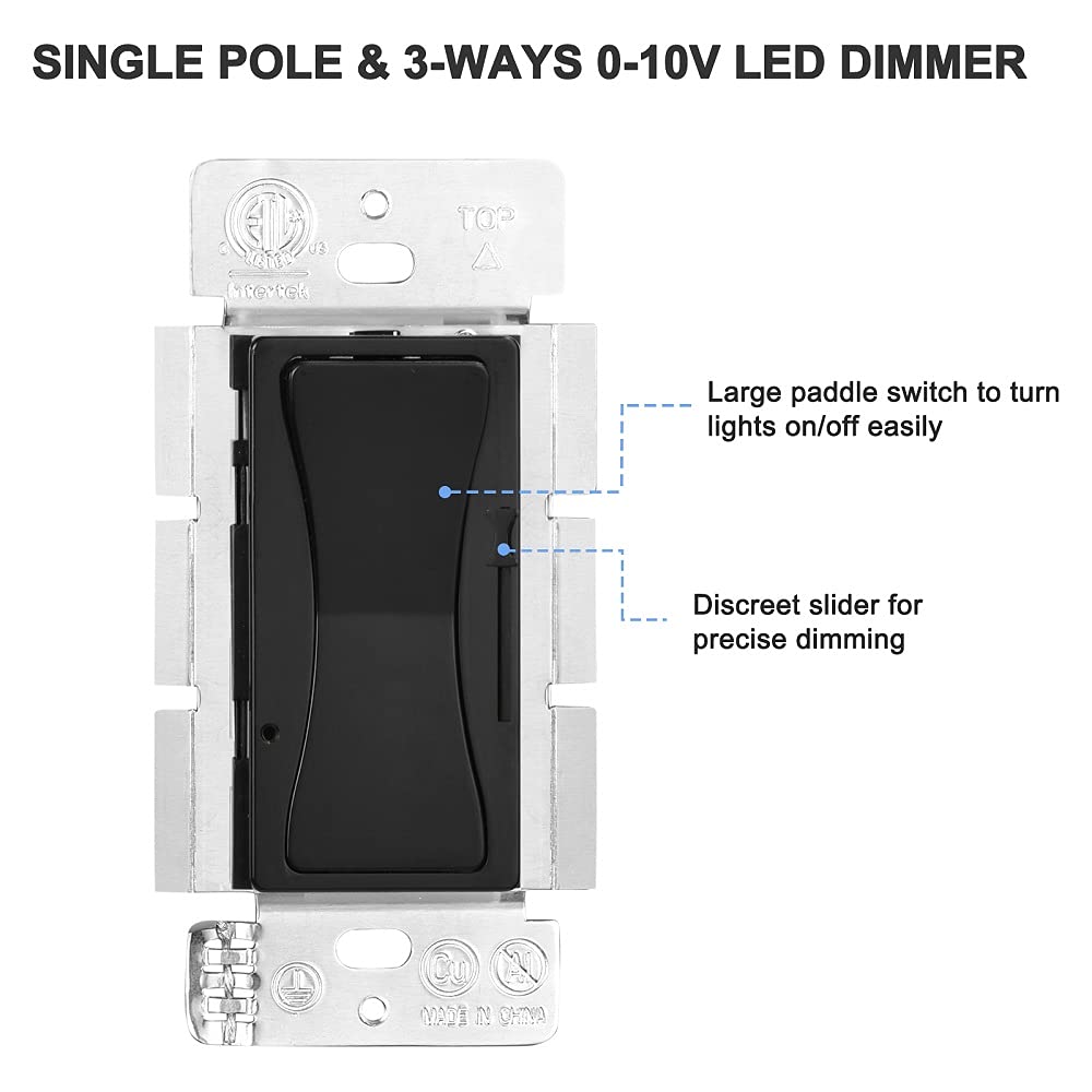 0-10V LED Dimmer Switch - Black Single Pole/3-Way Compatible with LED, Halogen & Incandescent Bulbs (Includes Wall Plate) - ETL Certified for Home, Office & Commercial Lighting Control