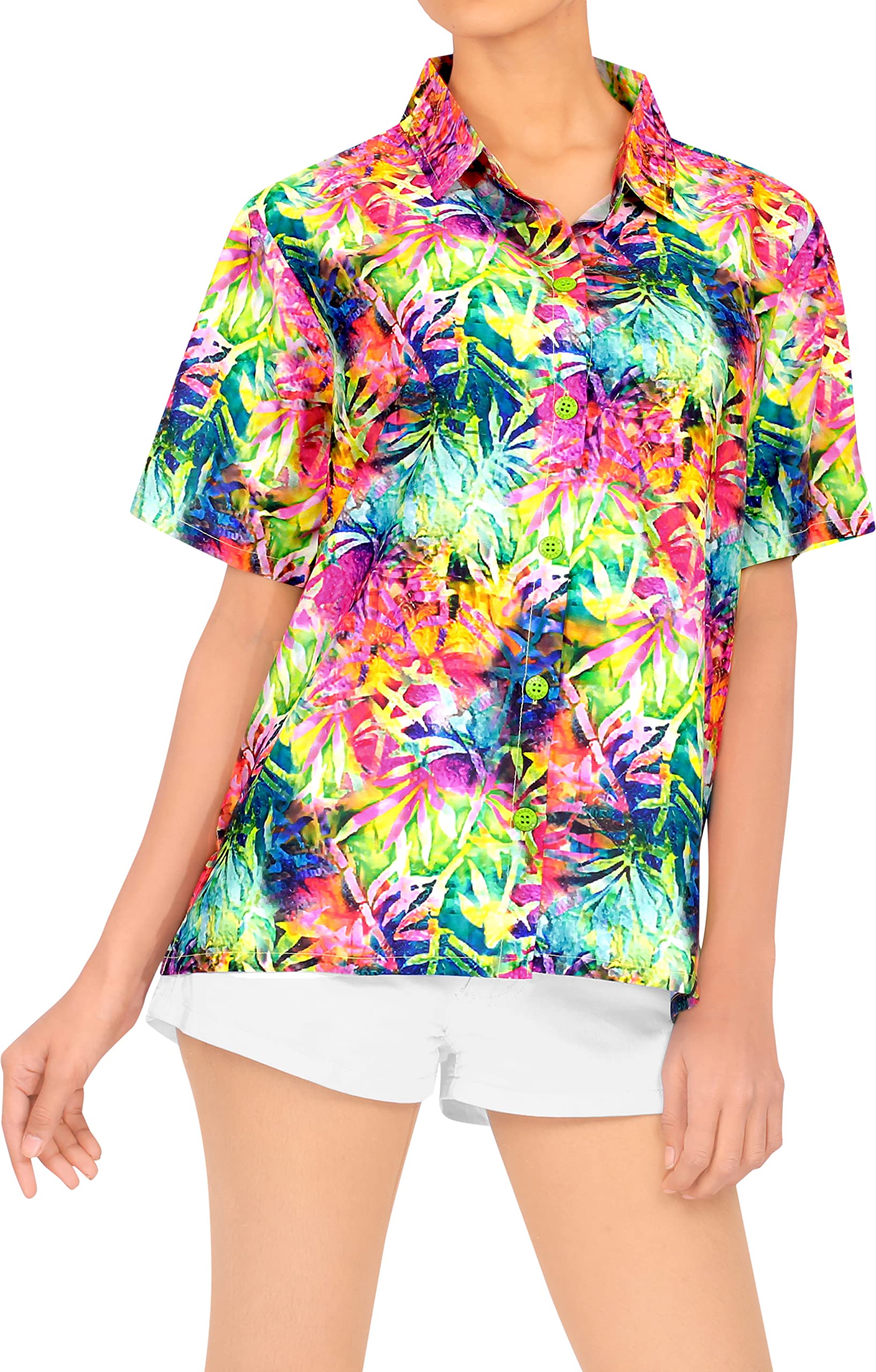 LA LEELA Women's Short Sleeve Hawaiian Blouse - Floral Print Vacation Shirt for Beach, Summer & Tropical Getaways - Lightweight & Comfortable Casual Wear