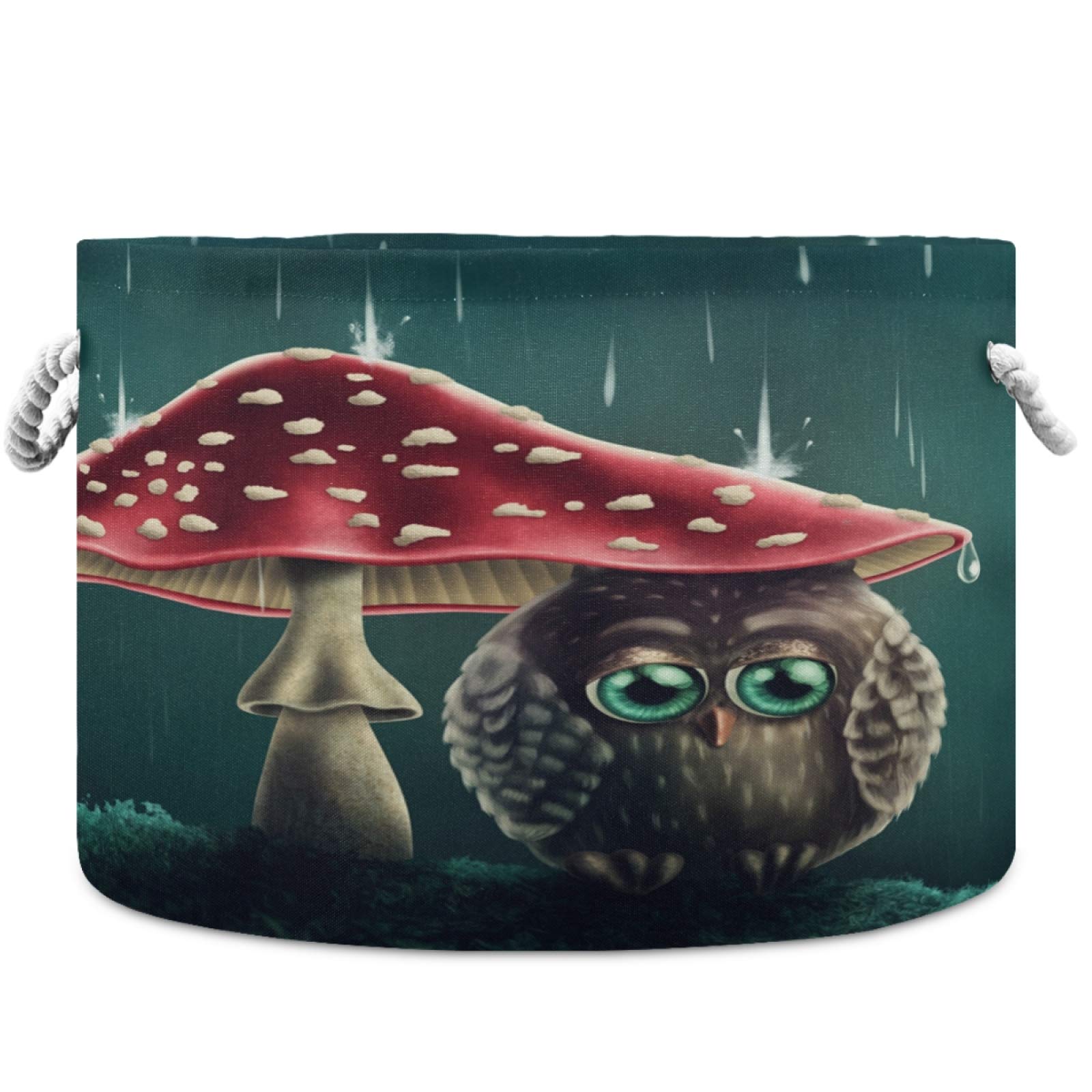 Visesunny Owl Storage Basket - Mushroom-Themed Canvas Fabric Toy Organizer Bin for Kids' Room, Playroom, Shelves & Laundry | Nursery Decor, Toy Storage Solution, Cute Animal Hamper for Bedroom Organization