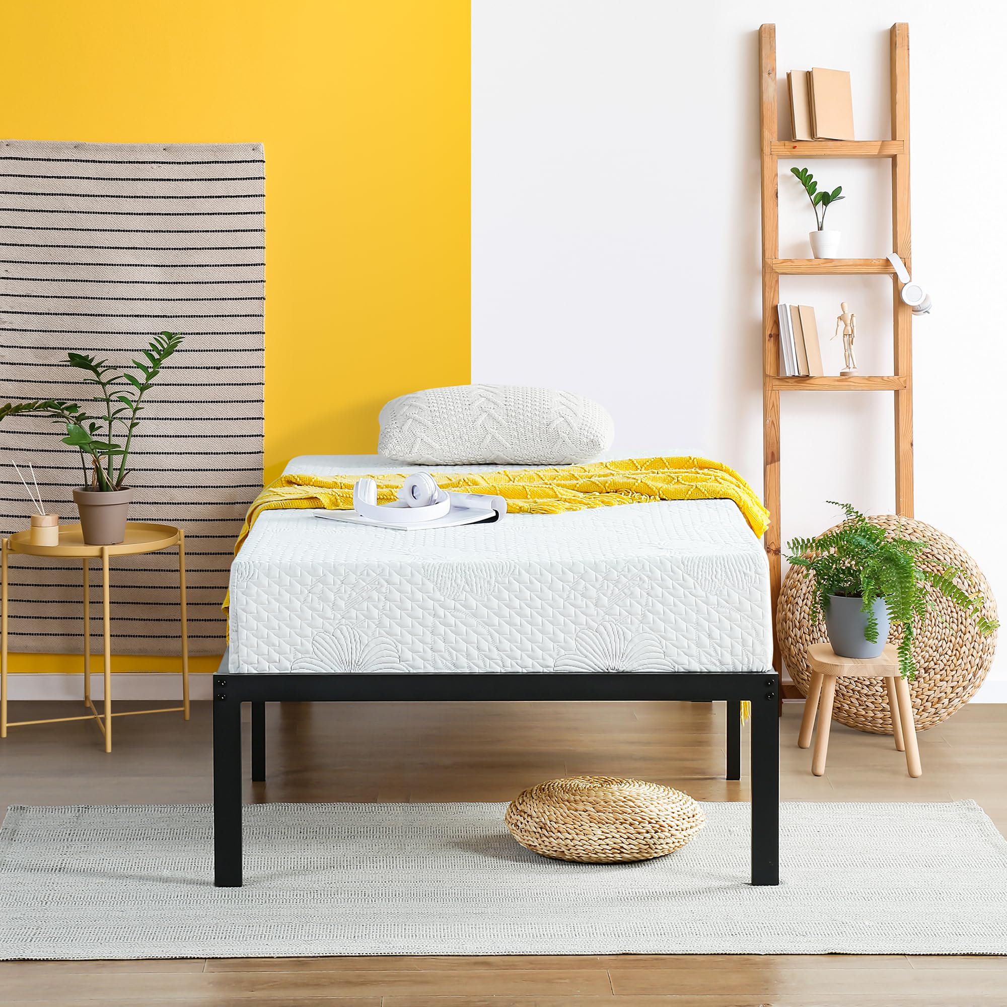 PrimaSleep 14 Inch Heavy Duty Steel Slat Anti-Slip Bed Frame - Noise Free Mattress Foundation with Maximum Storage, No Box Spring Needed - Twin Size Platform Bed for Small Spaces & Guest Rooms (Black)