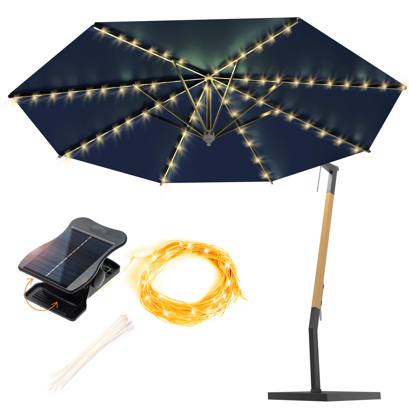 VOOKRY Solar Umbrella Lights Outdoor - Waterproof Solar Powered LED Patio Lights with 8 Modes, Cordless for Beach, Tent, Camping, Garden, Party Decoration (Warm White) | Perfect for Outdoor Dining, Backyard BBQ, Poolside Relaxation and Evening Gatherings