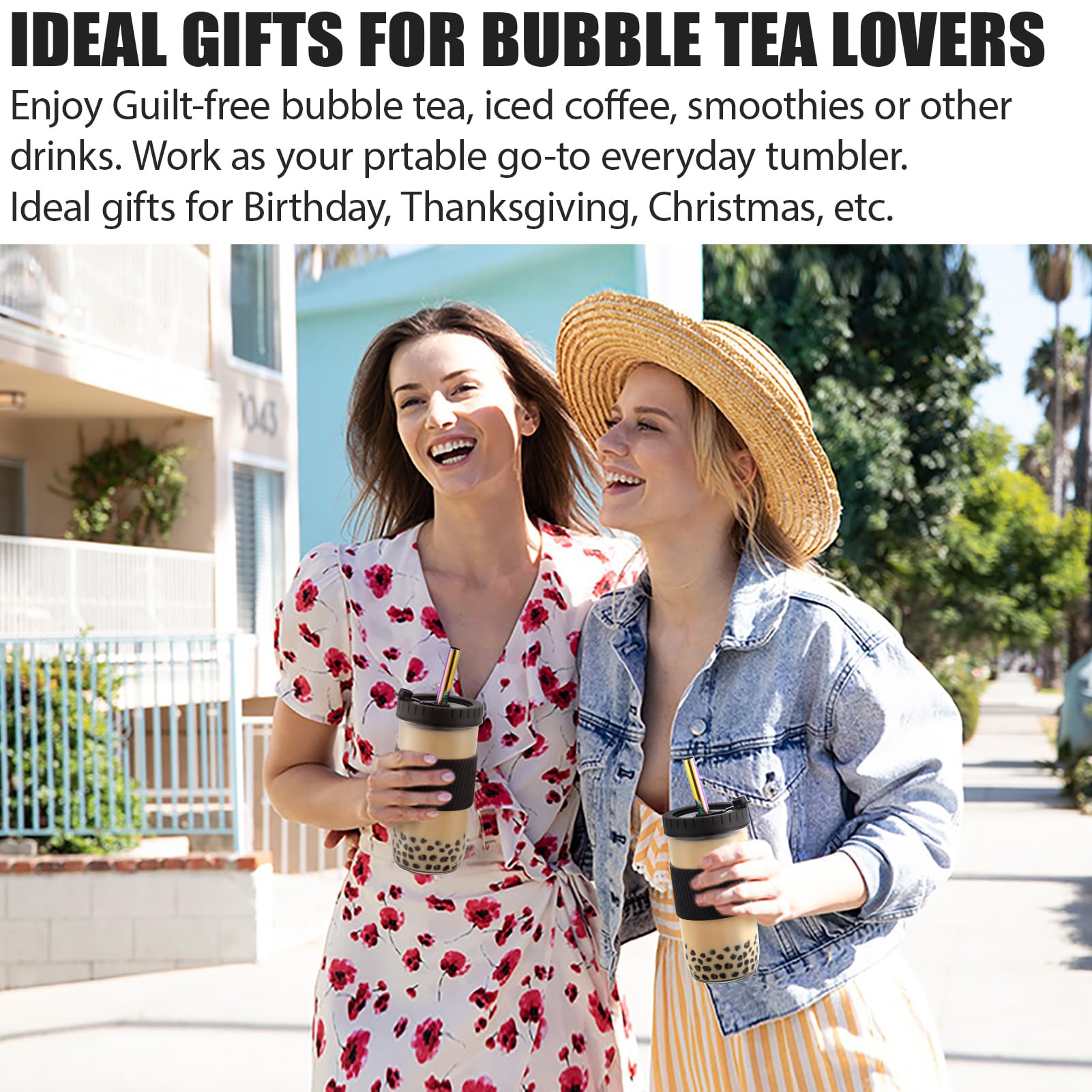 Reusable 24oz Glass Mason Jars with Lids & Straws - 2 Pack Wide Mouth Smoothie Cups, Bubble Tea Tumblers with Silicone Sleeves - Leakproof Drinking Glasses for Travel, Birthday Gifts & Large Pearl Boba - Perfect for Smoothies, Iced Coffee, Juice and On-the-Go Hydration