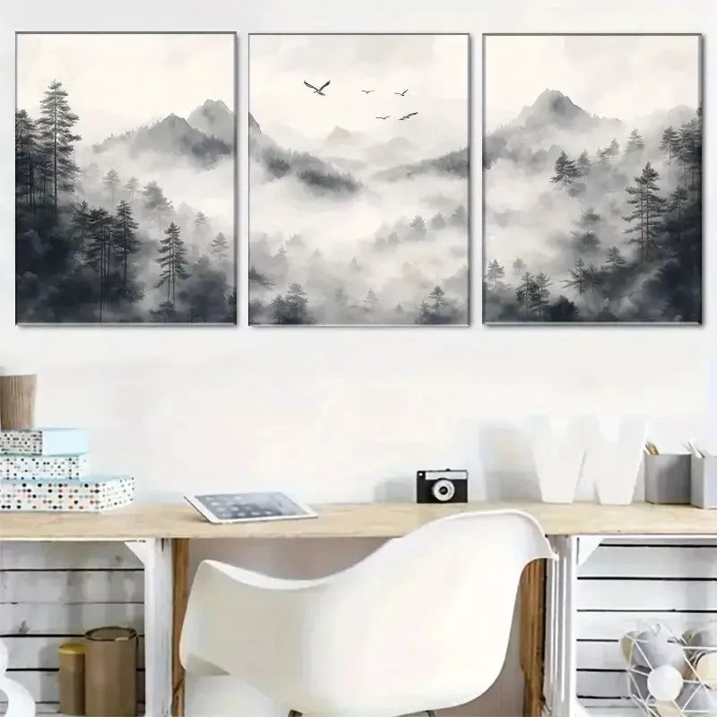 3-Piece Monochrome Forest Misty Art Set - Framed Canvas 50x70cm - High Quality Print Wall Art - 100% Australian Made - Ready to Hang - Perfect for Living Room, Bedroom & Office Decor