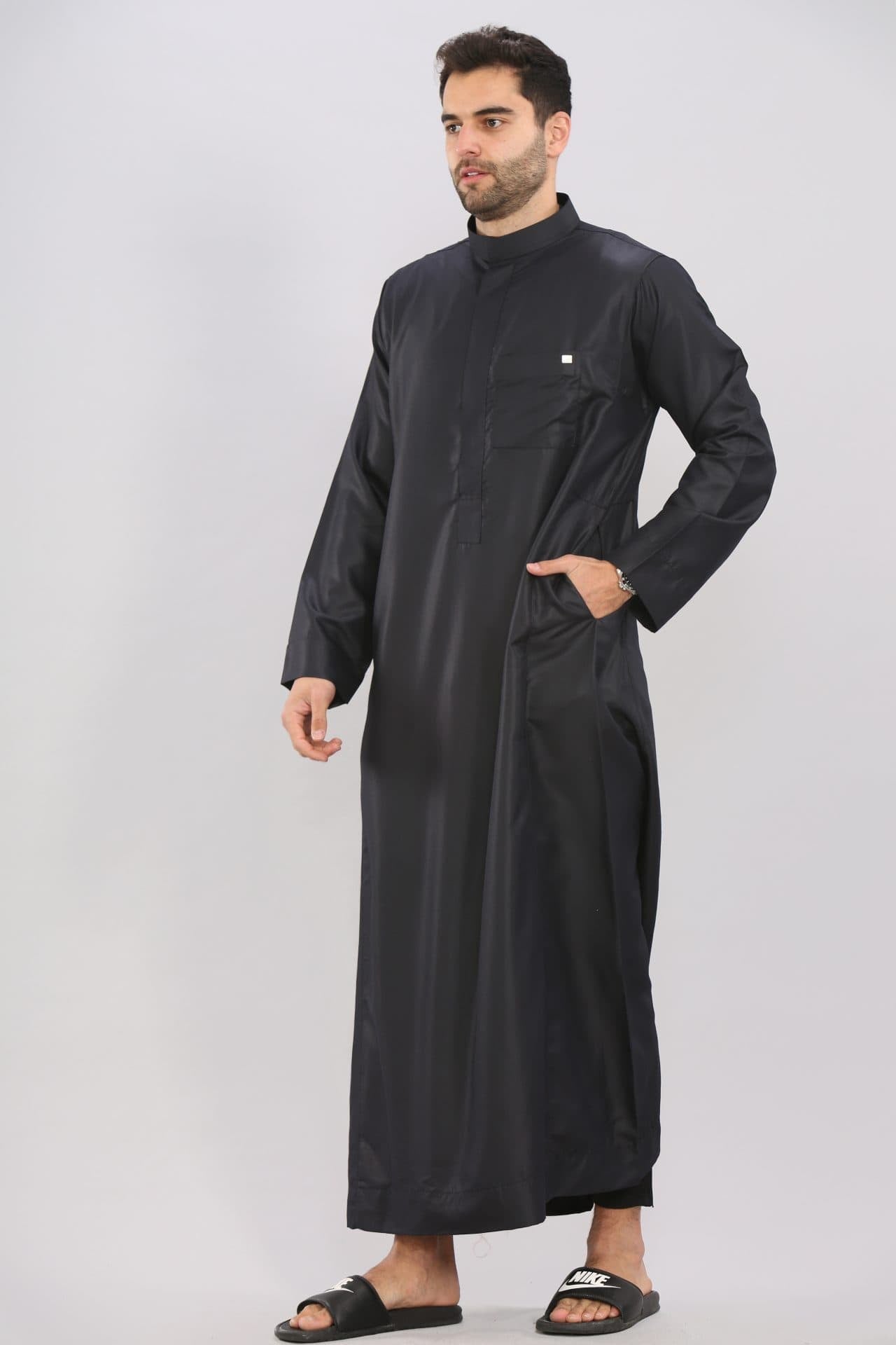 Black Collar Oxford Thobe Jubbah for Men - Traditional Islamic Robe for Prayer, Eid, and Special Occasions