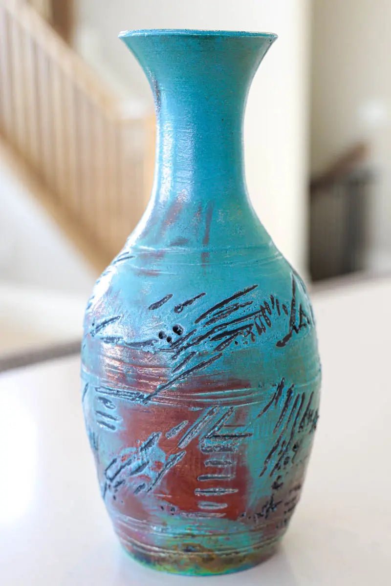 XL Raku Fired Textured & Aged Decorative Pot - Turquoise, Black & Copper Handcrafted Ceramic Planter - Perfect for Indoor Plants, Succulents & Home Decor