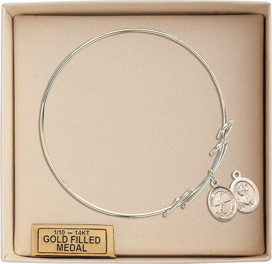 Round Double Loop Bangle Bracelet with St. Christopher & Volleyball Charm in Gold-Filled - Perfect for Sports Enthusiasts & Travel Protection Jewelry